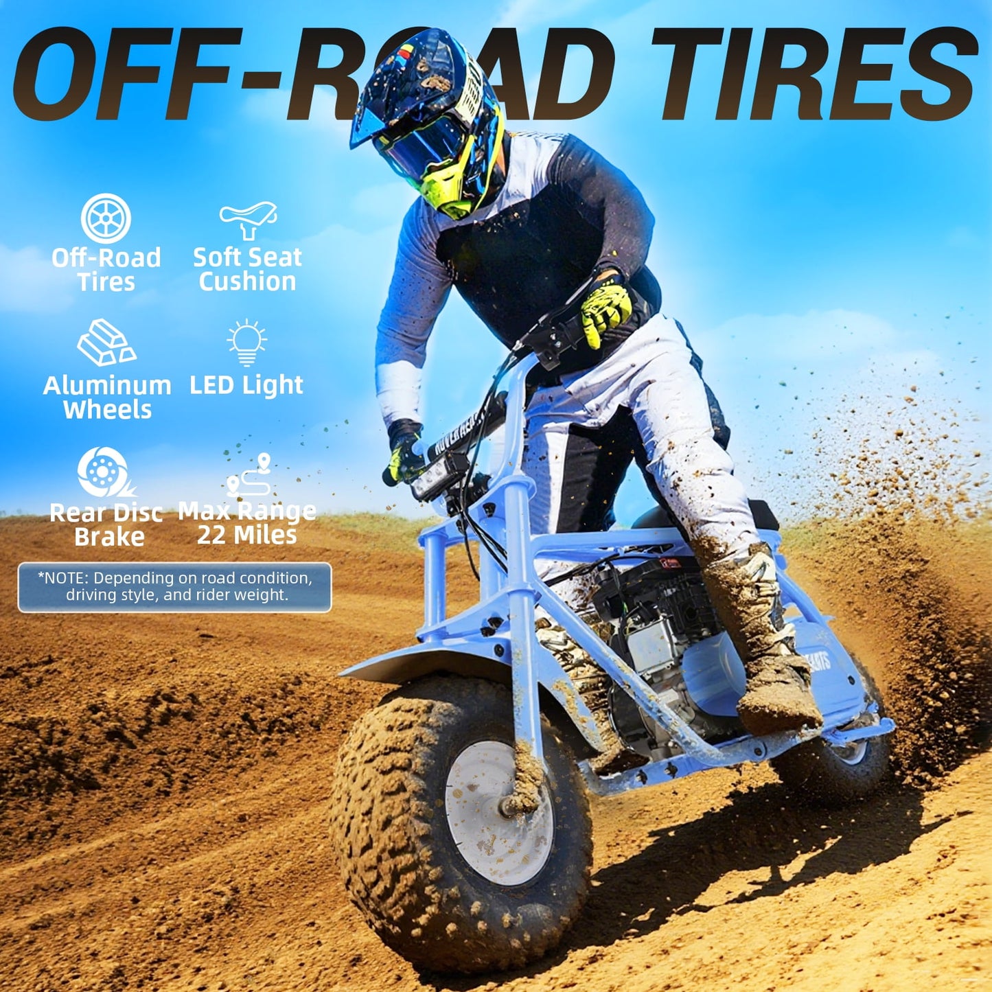 HOVERHEART Gas Mountain Bike, 105cc 4-Stroke Gas Powered Off Road Motorcycle (Model-MB0001) with Led Lights, Disc Brake, Max Load 200Lbs, Up to 30Kph, NO OIL MIX REQUIRED