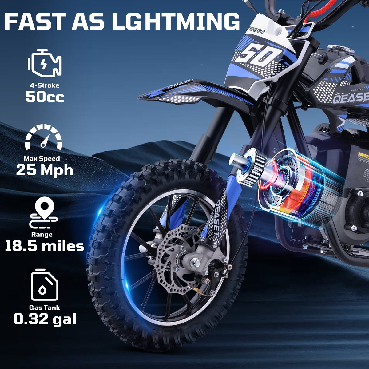 QEASET 49CC 4-Stroke Gas Powered Dirt Bike for Adults & Teens, off Road Tire, Pull Start