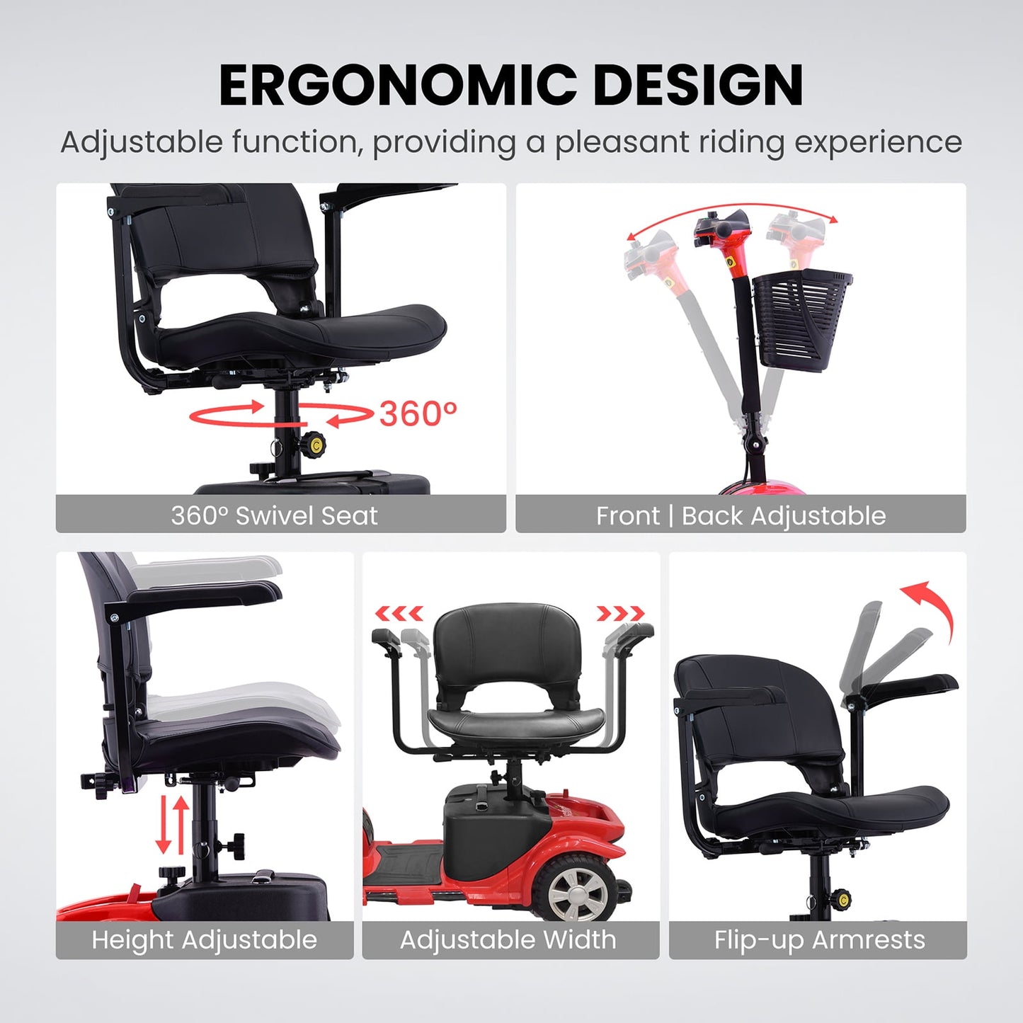 Arshin Mobility Scooter,4 Wheel Mobility Scooter for Adults,Senior,Electric Powered Wheelchair Chargeable Device for Travel,Red