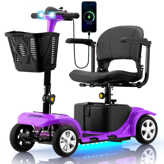 Mosta Adult, Senior Mobility Scooter,4-wheel Electric Rechargeable Travel Device with LED Headlight and Basket, Including Charger,Purple