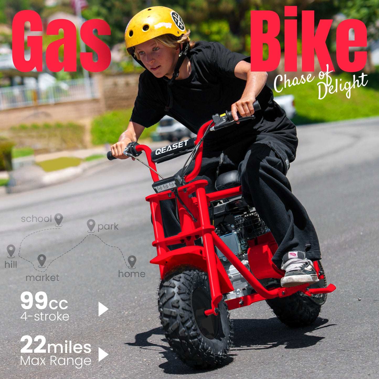 QEASET 99cc Dirt Bike, Gas Powered, 4-Stroke with LED Headlight 22MPH Minibike, Pull Start for Teenager and Adult, Red
