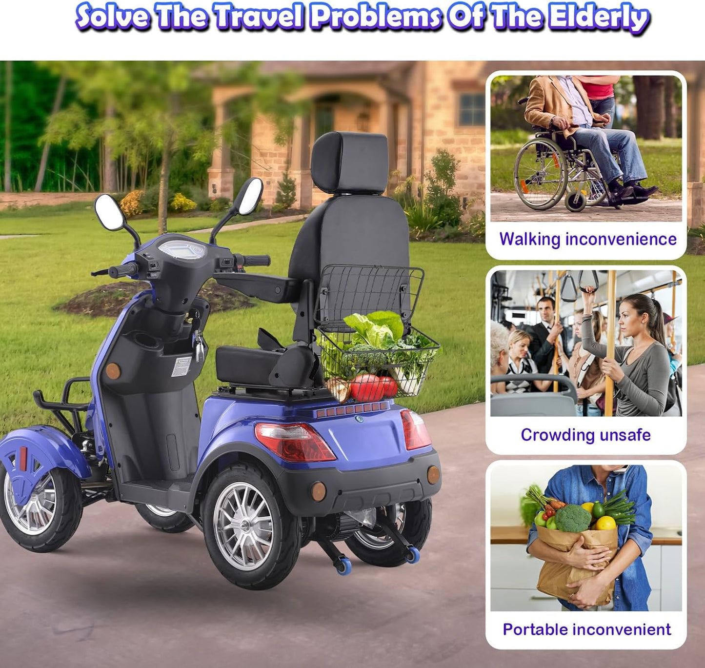 Super Large Electric 4 Wheel Mobility Scooters, Heavy Duty 800W Wheelchair Device, 500 LBS Capacity for Seniors & Adults, Speed Adjust, Remote Key, Receive Ready to Ride.（Blue）
