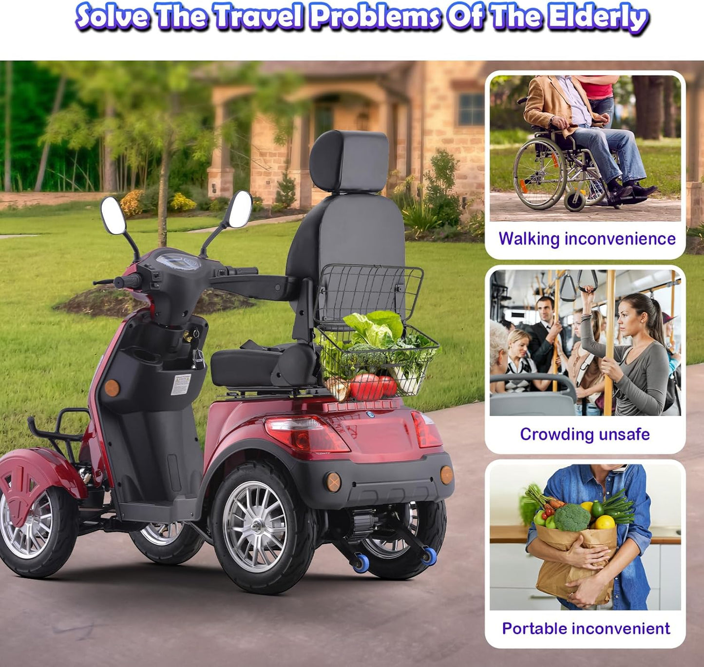 Super Large Electric 4 Wheel Mobility Scooters, Heavy Duty 800W Wheelchair Device, 500 LBS Capacity for Seniors & Adults, Speed Adjust, Remote Key, Receive Ready to Ride.（Red）