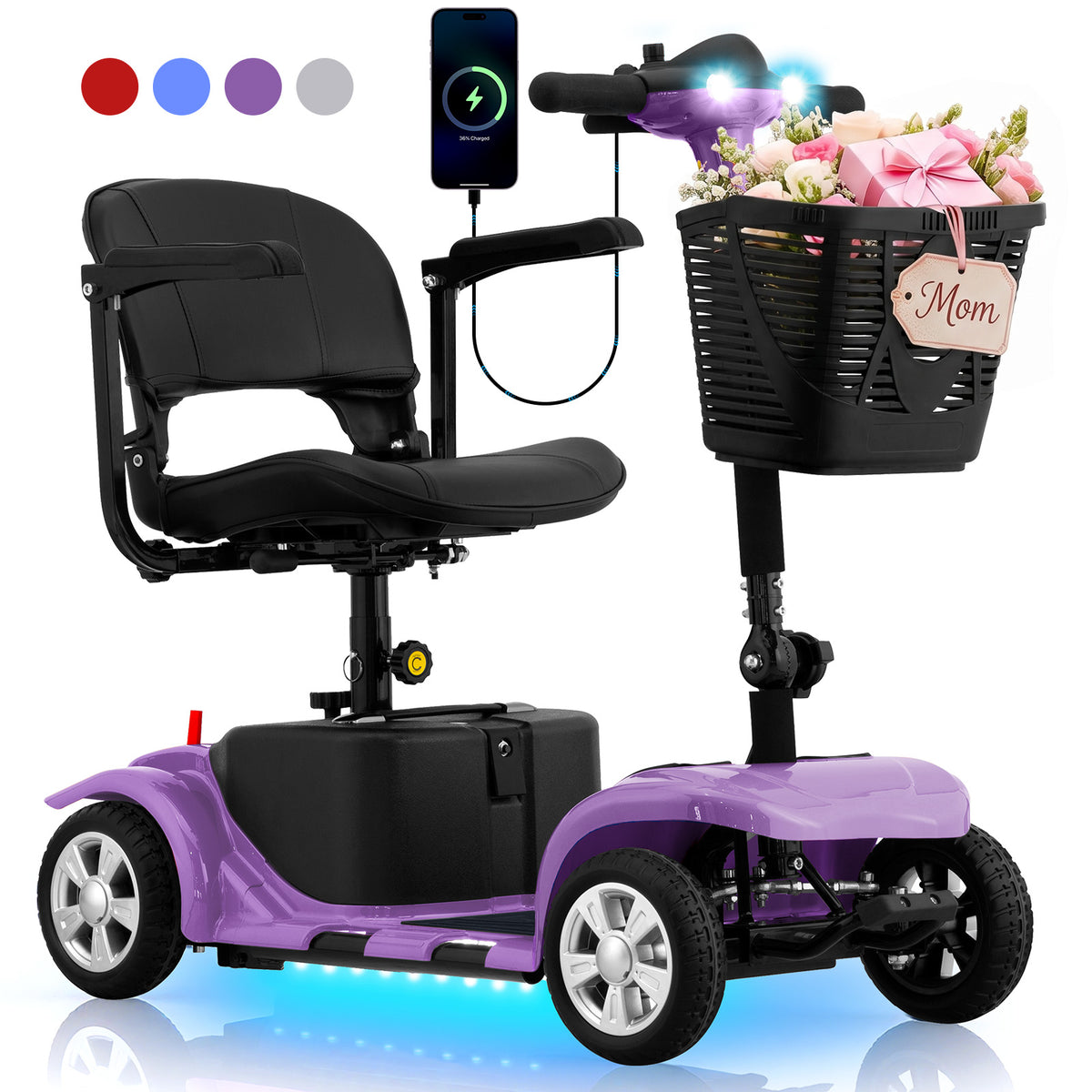 LiltJan Foldable Mobility Scooter for Adults Elderly– 4-Wheel Portable Motorized Scooter with 300 lbs Capacity, Detachable Battery，Including Charger
