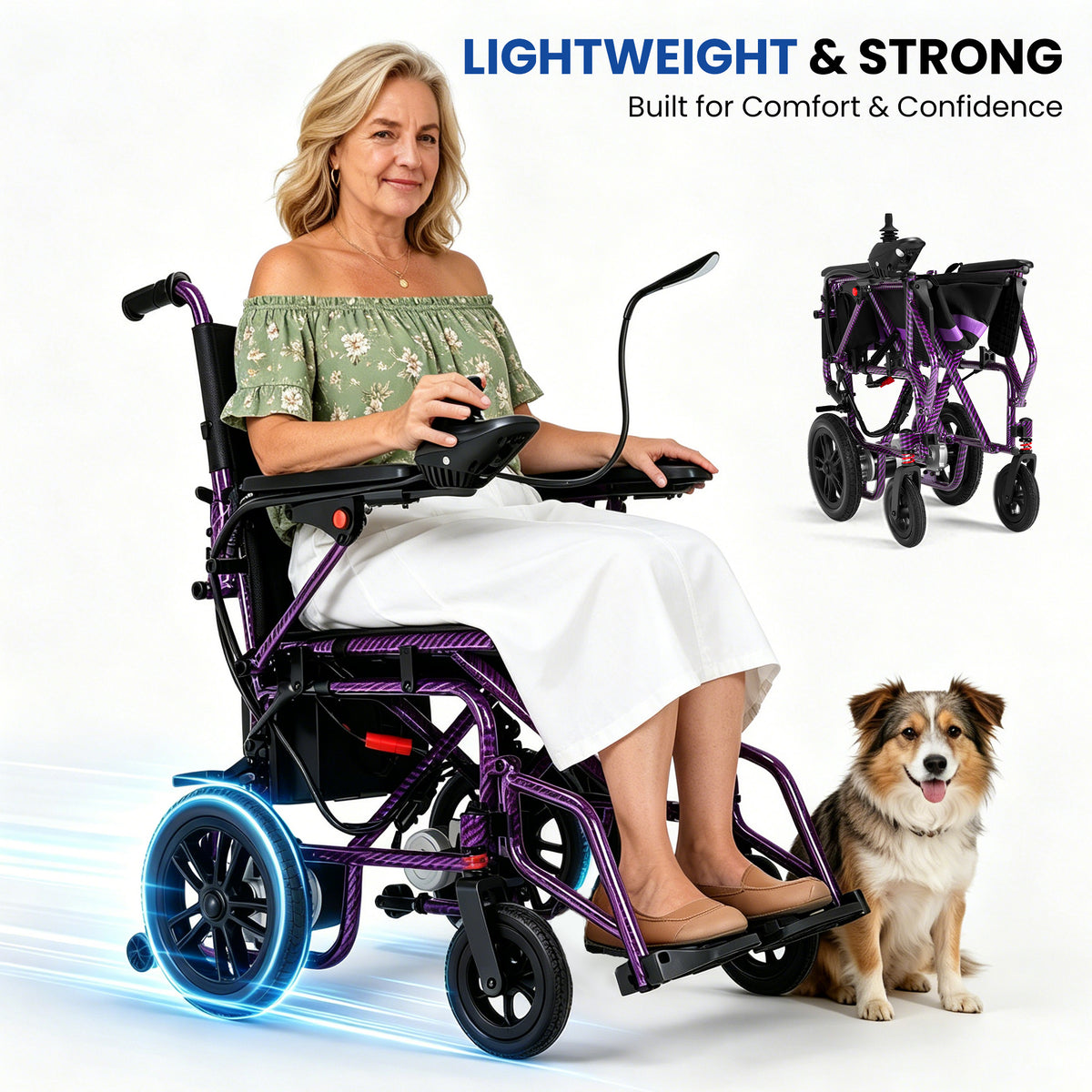 Electric Wheelchair for Adults - Lightweight Foldable Motorized Wheelchair with 15-Mile Long Range, 360° Joystick Control & All-Terrain Power, Supports 286 lbs, LED Safety Lights, Portable for Travel