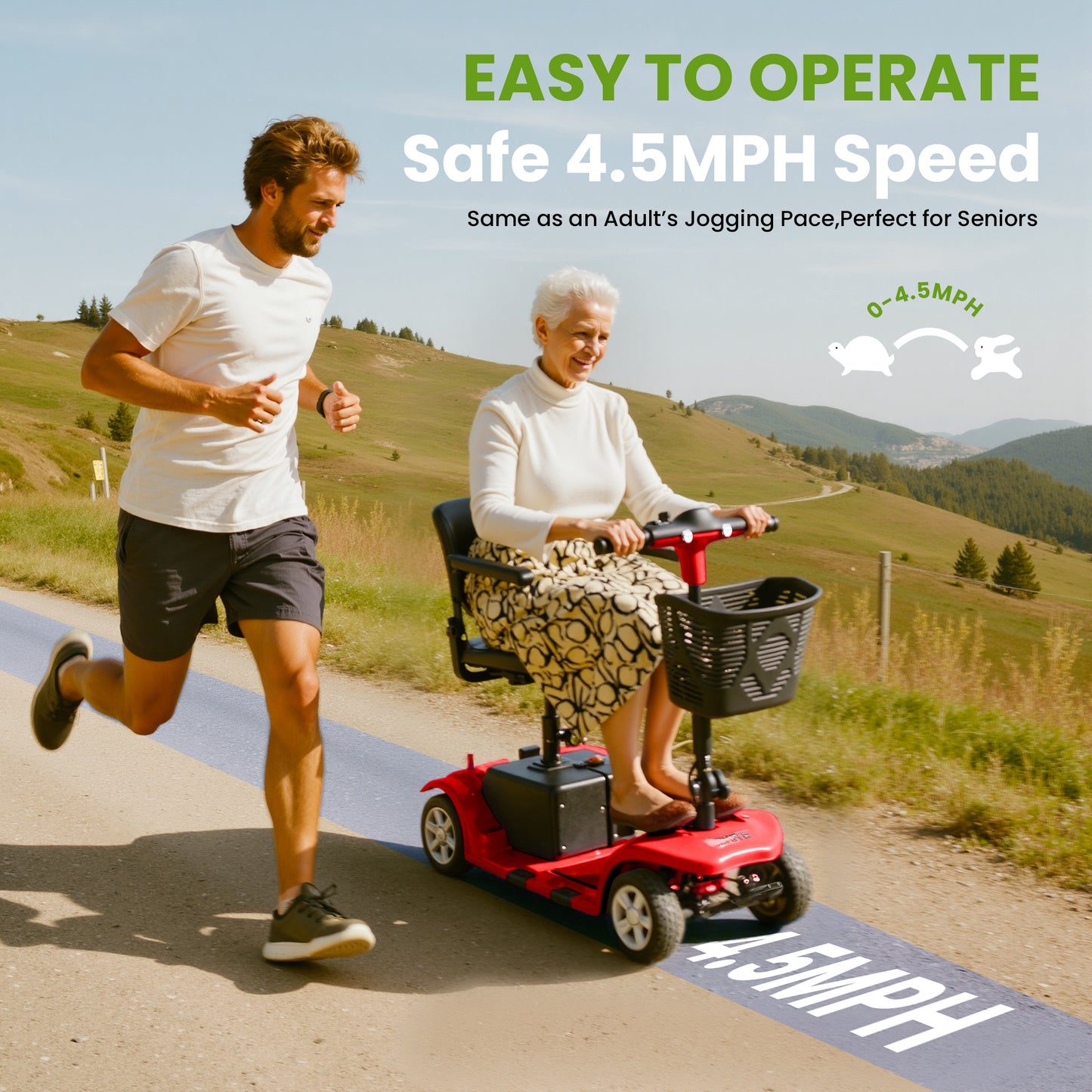 SKRT Mobility Scooter for Adults, Senior, skmc 4 Wheels Electric Powered Chargeable Device for Travel, Lightweight and Portable, with LED Headlights and Basket, Charger Included