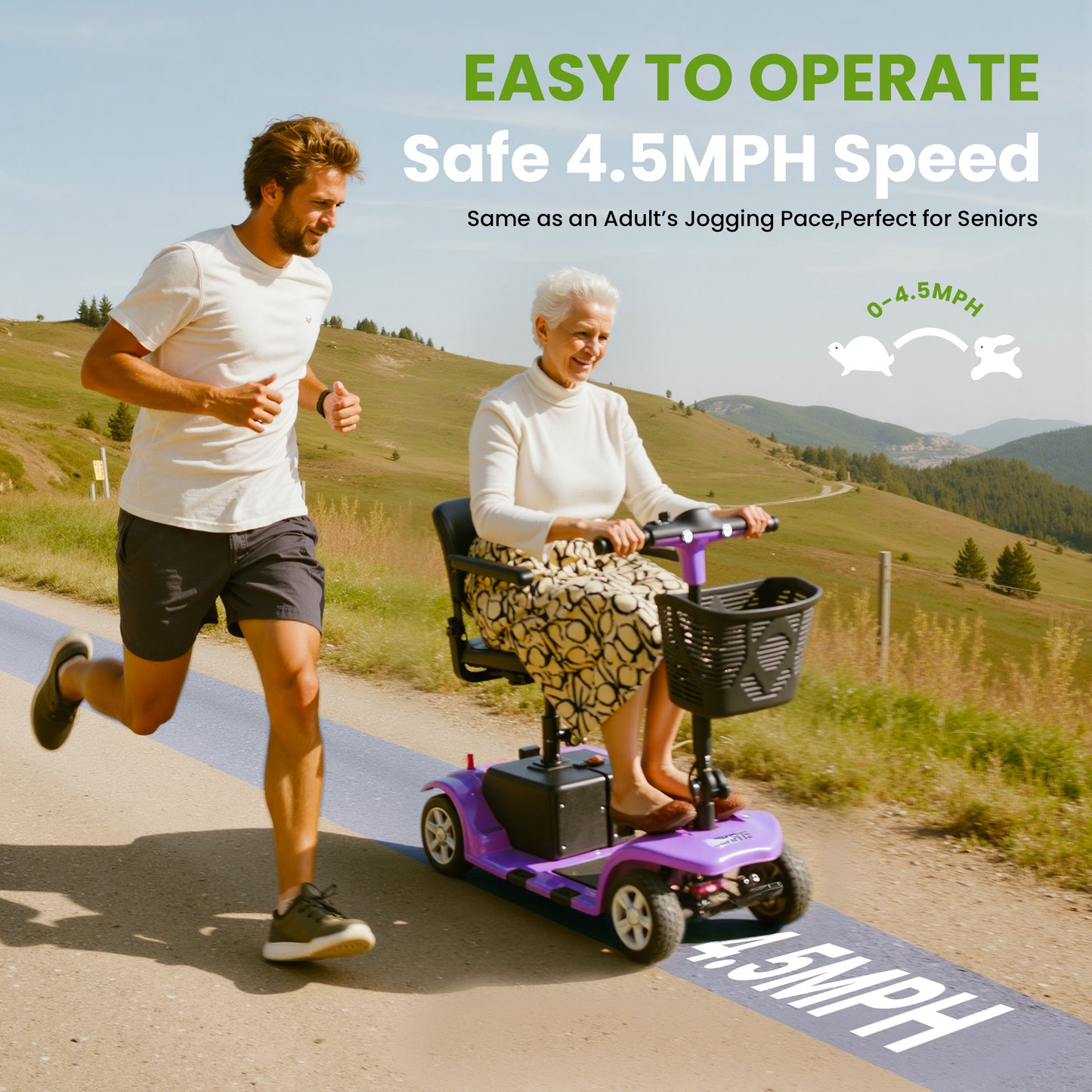 SKRT Mobility Scooter for Adults, Senior, skmc 4 Wheels Electric Powered Chargeable Device for Travel, Lightweight and Portable, with LED Headlights and Basket, Charger Included