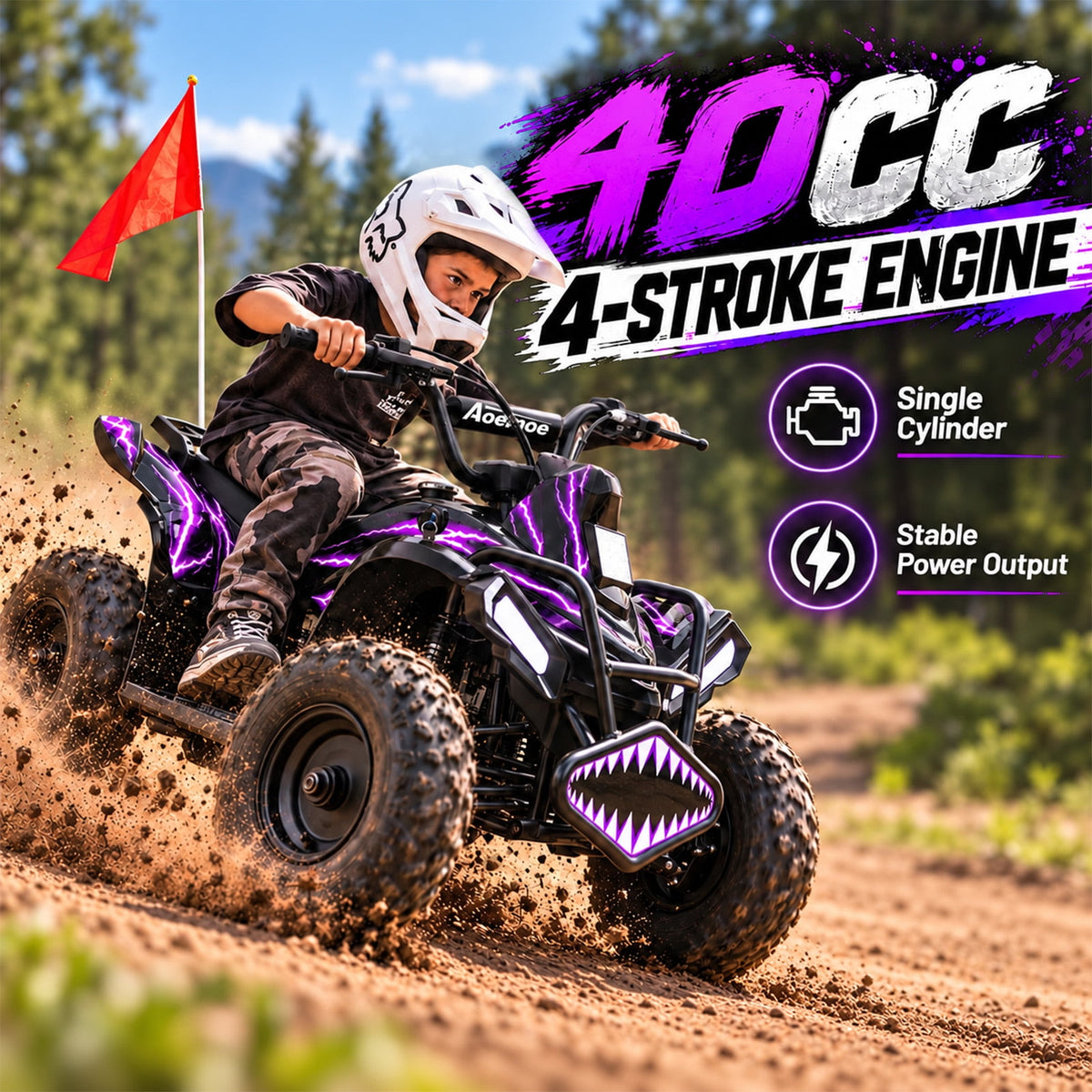 40cc Kid Gas ATV, Gas Powered 4 Wheeler for Kid 6+, 4-Stroke Beginner ATV, Up to 15 MPH, Adjustable Speed, Safety Switches, Front & Rear Brakes - Purple