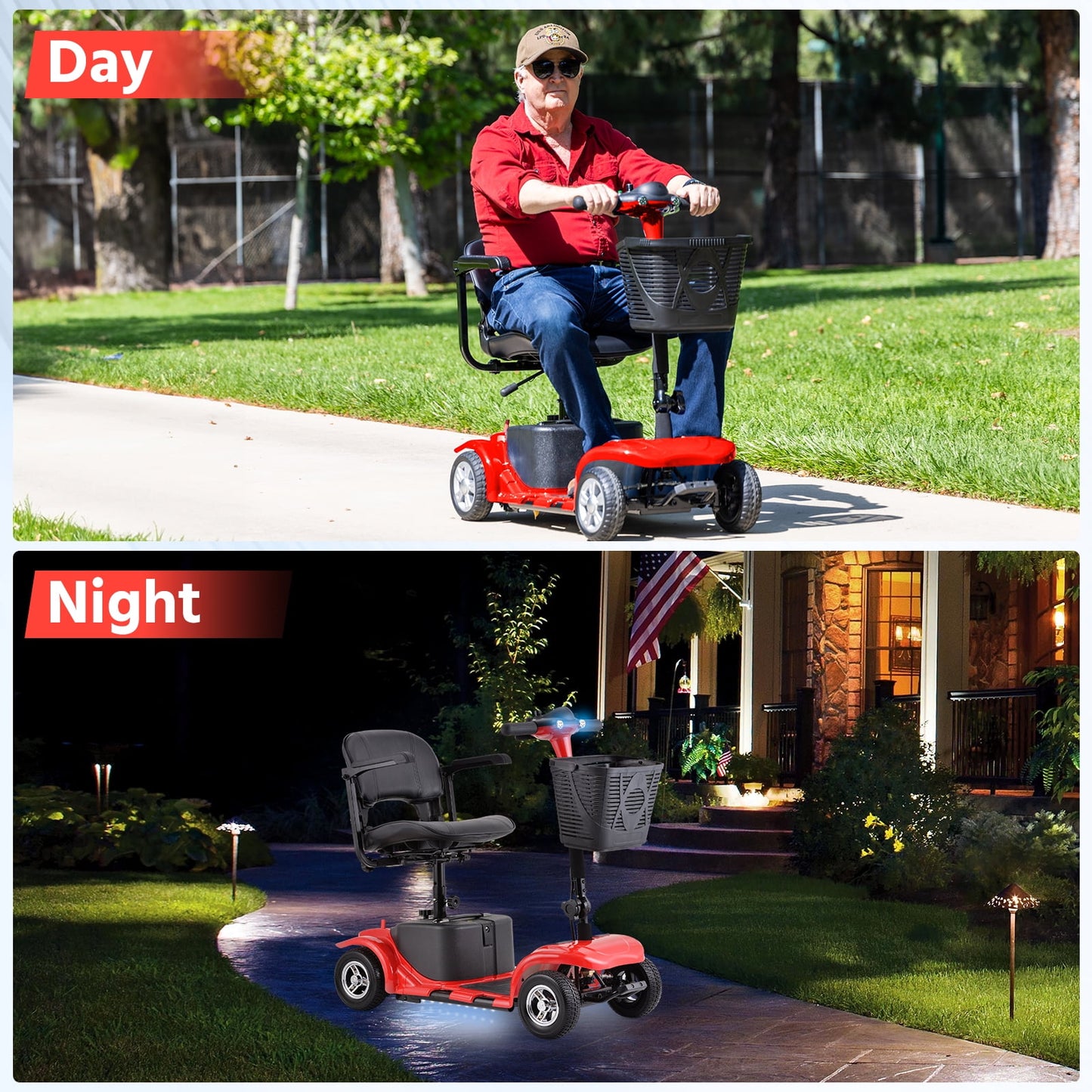 4 Wheels Mobility Scooter for Adults, Senior Electric Powered Chargeable Device for Travel, Lightweight and Portable, with LED Headlights and Basket, Charger Included (Red)