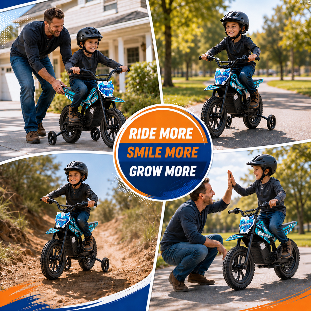 Aoemoe Electric Ride On Mini Bike for Beginners, 25.2V 2.6Ah Battery, Training Wheels & Rear Shock, 6.2 MPH Max Speed, All-Terrain Outdoor Toy, Teal Blue