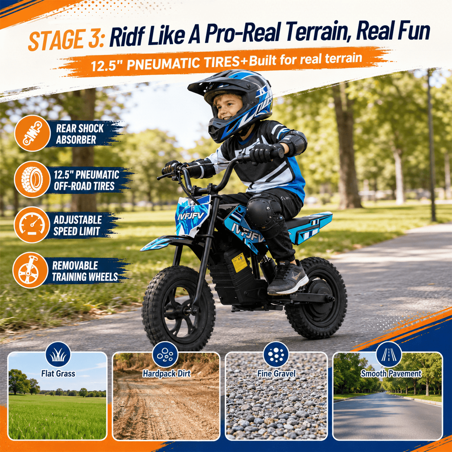 IVFJFV Electric Dirt Bike,up to 6.21 mph, 24V Electric Dirt Bike with Removable Training Wheels for Child 8+,SKY BLUE