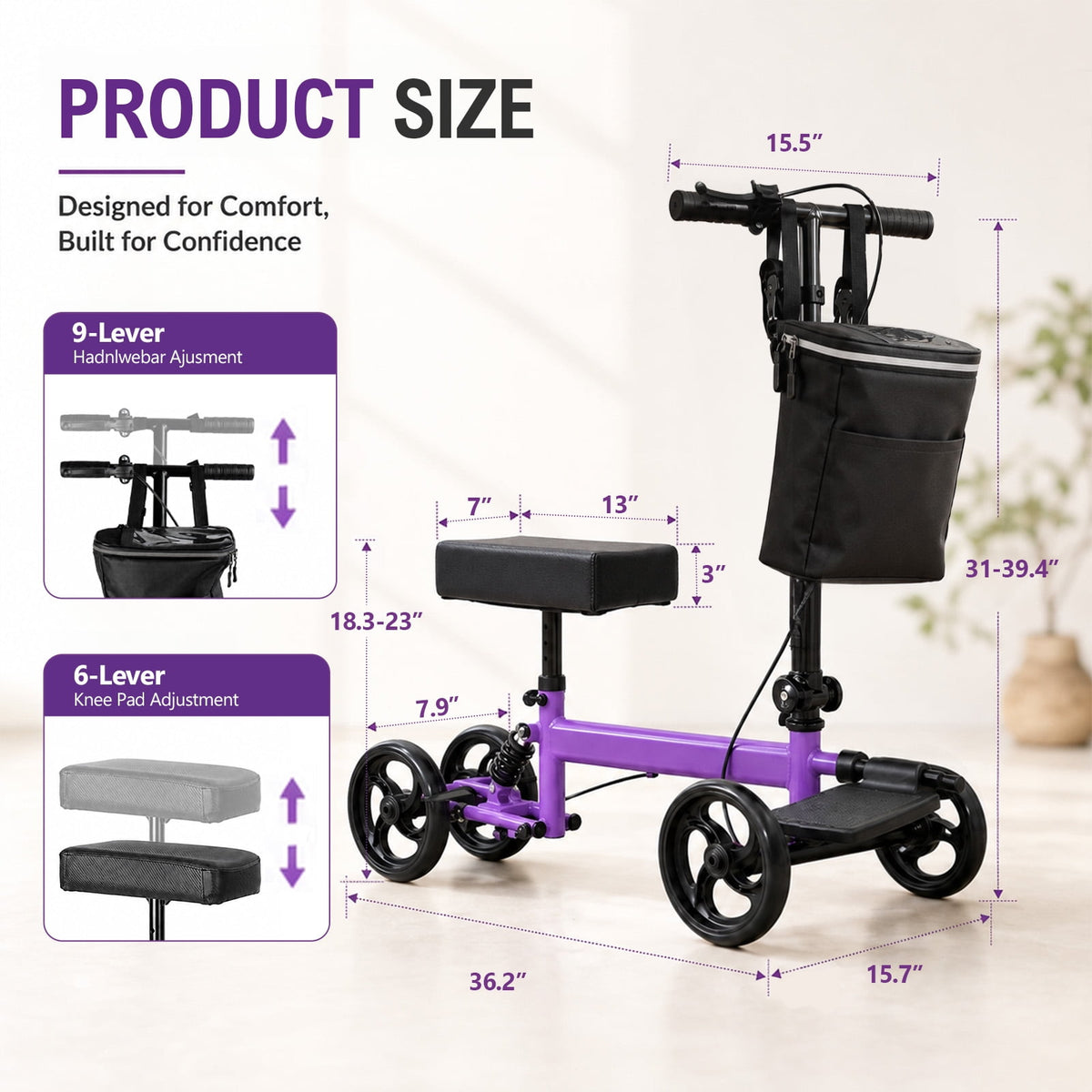 Aoemoe Foldable Knee Walker, 300 lbs Steerable Scooter for Foot & Ankle Recovery, Purple