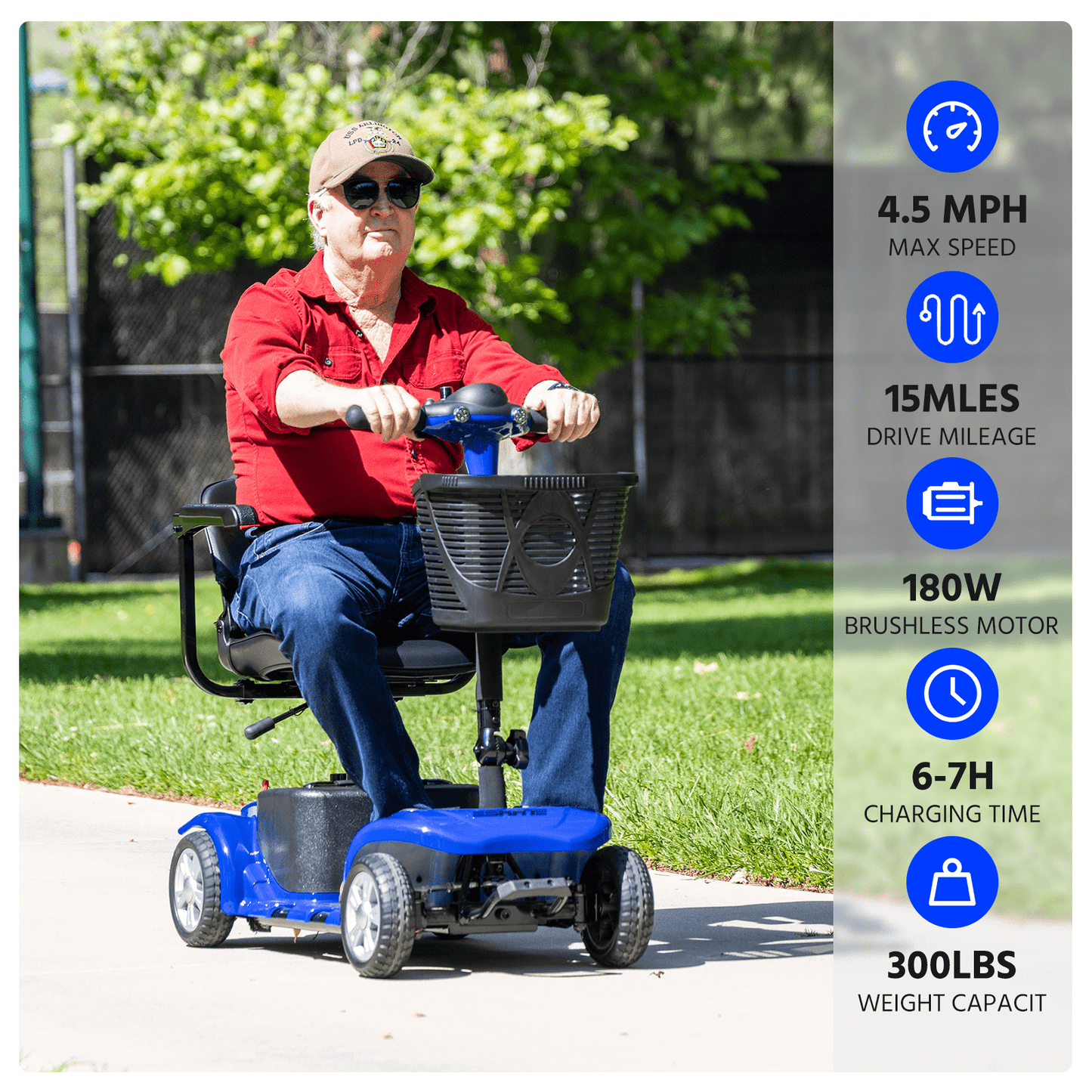 4 Wheels Mobility Scooter for Adults, Senior Electric Powered Chargeable Device for Travel, Lightweight and Portable, with LED Headlights and Basket, Charger Included (Silver)