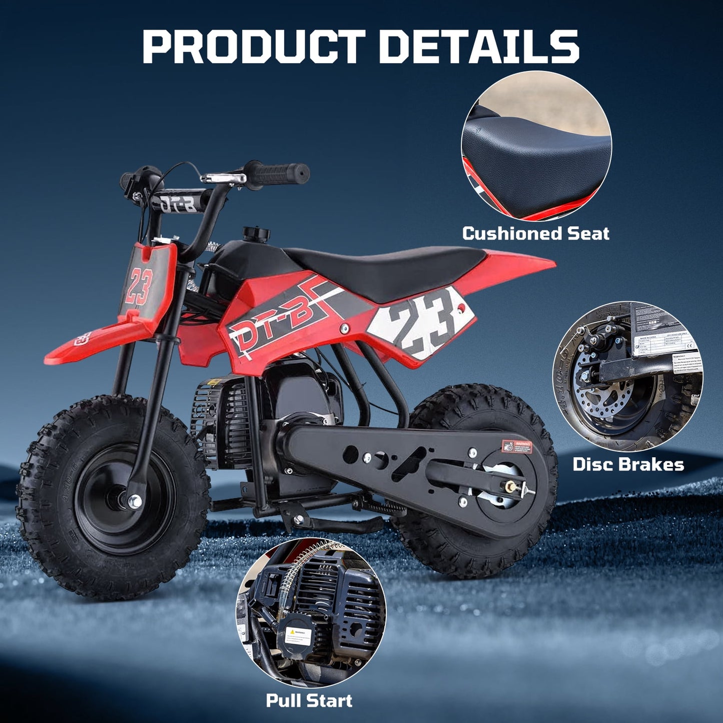 Aoemoe Mini Kid Dirt Bike, 49 CC 2-Stroke Gas Bike with Off-Rode Tire, Suspensions, Disc Brakes, Max Load 160Lbs, Up to 20Mph, EPA Approved