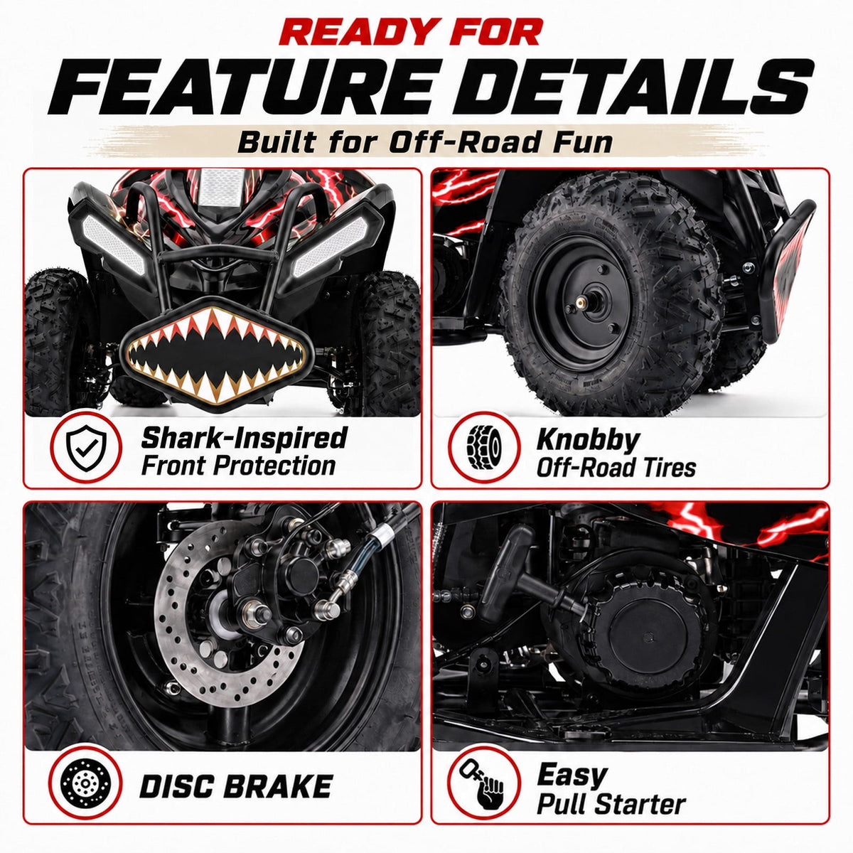 39cc Teen Gas ATV, Gas Powered 4 Wheeler for Teens 16+, 4-Stroke Beginner ATV, Up to 15 MPH, Adjustable Speed, Safety Switches, Front & Rear Brake - Red