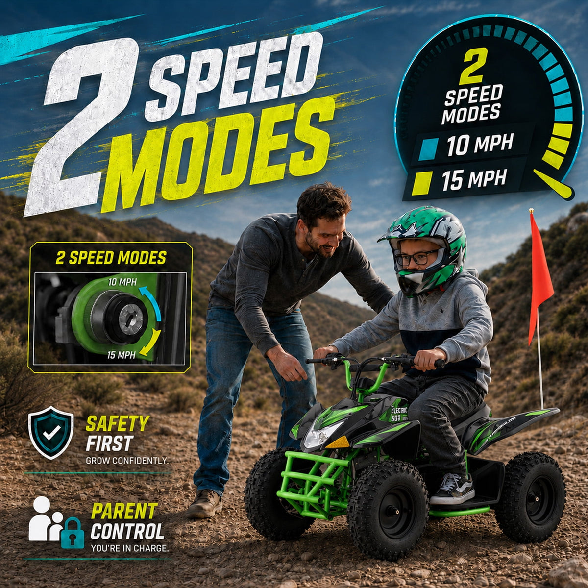 IVFJFV 36V Electric 4 Wheeler, Electric Four Wheeler with Rubber Tires, 500W Off-Road All-Terrain Featuring Dual Speed Adjust, Front Rear Shock Absorbers, Multiple Safety Protection Designs,GREEN