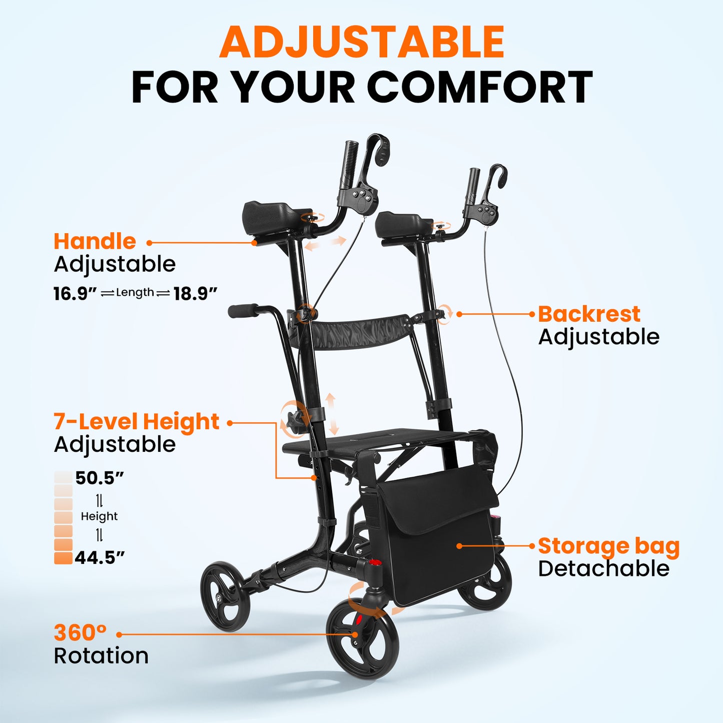 LiltJan 2-in-1 Upright Rollator Walker for Seniors - Lightweight Foldable Walker with Seat & Adjustable Arm Supports, Standing & Seated Transport Chair, 300 lbs Capacity