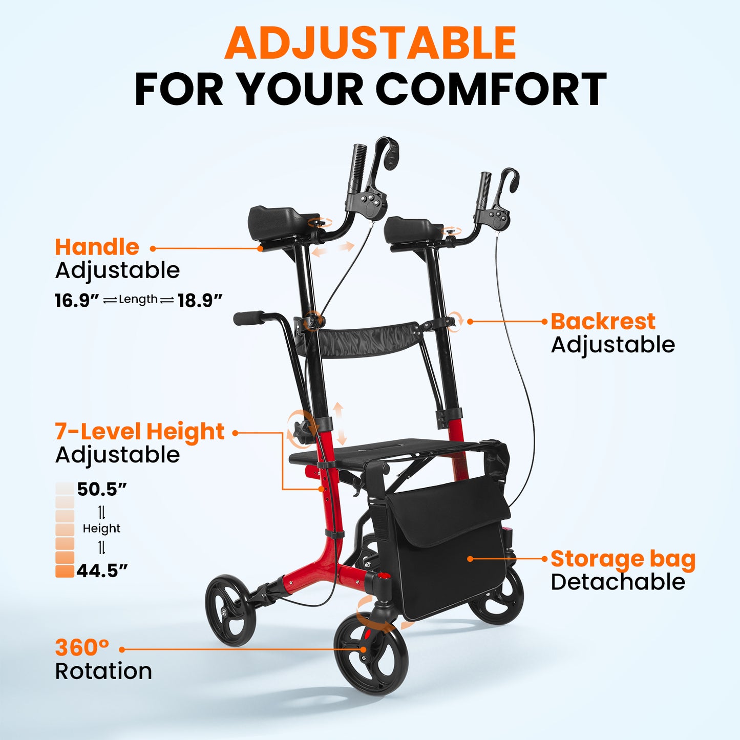 LiltJan 2-in-1 Upright Rollator Walker for Seniors - Lightweight Foldable Walker with Seat & Adjustable Arm Supports, Standing & Seated Transport Chair, 300 lbs Capacity