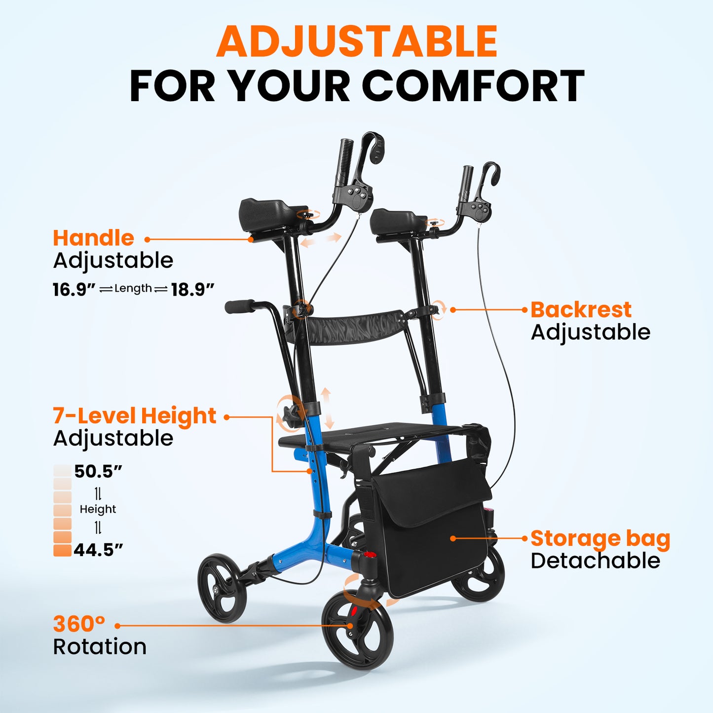 LiltJan 2-in-1 Upright Rollator Walker for Seniors - Lightweight Foldable Walker with Seat & Adjustable Arm Supports, Standing & Seated Transport Chair, 300 lbs Capacity