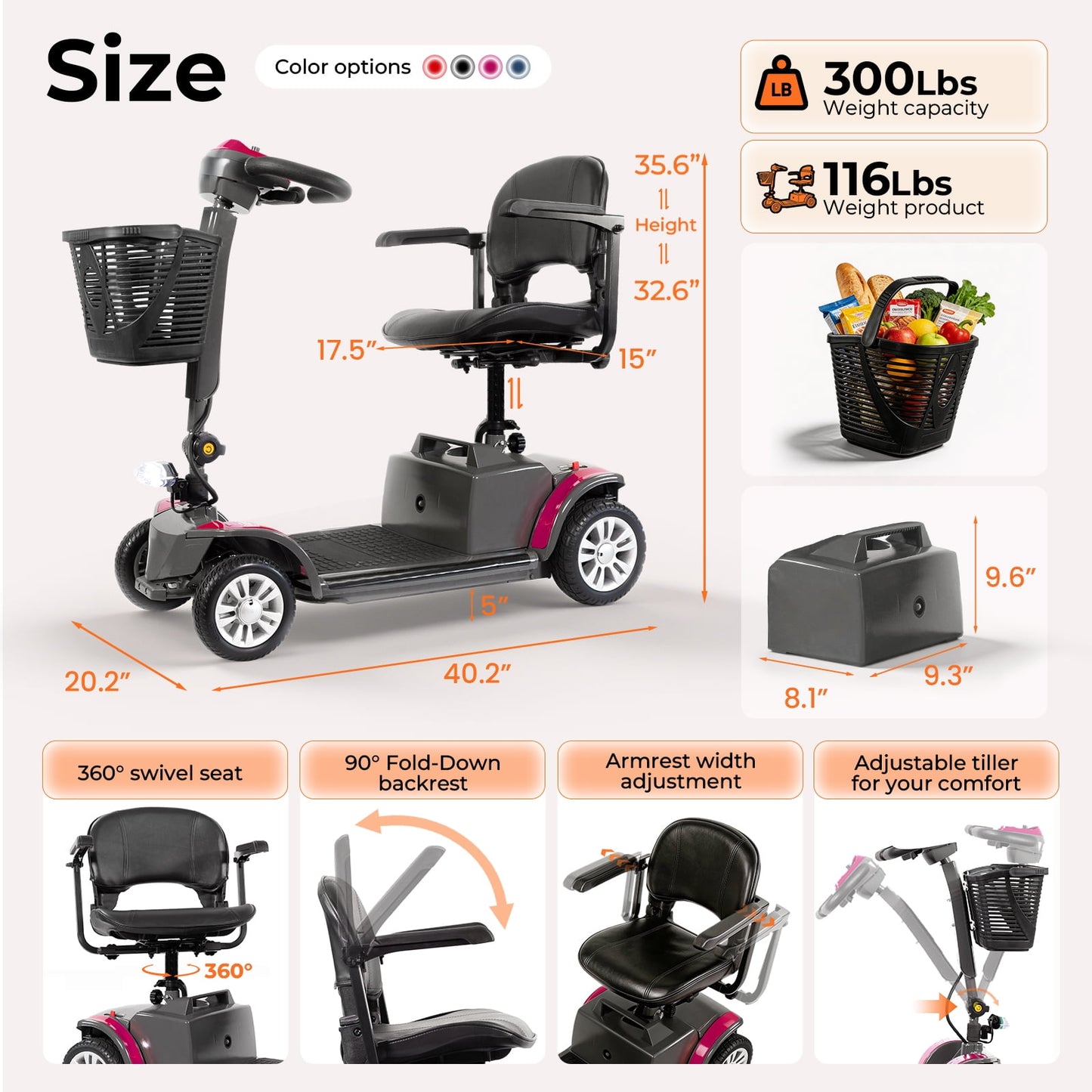 Arshin Senior-Friendly Mobility Scooter,Easy-to-Use and Lightweight Foldable,300lbs,Purple