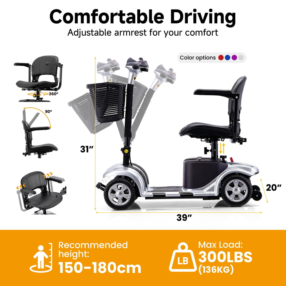 Ostrina 4 Wheels Mobility Scooter,Foldable Power Wheelchair,300 lbs