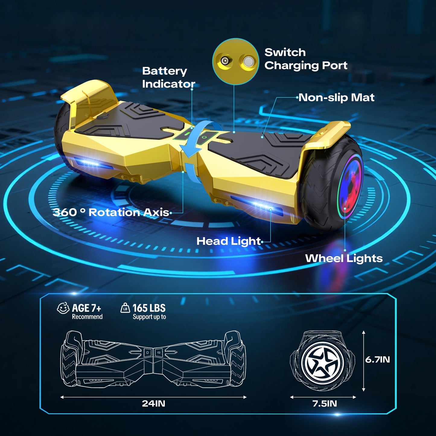 MOSTA All Terrain Self-Balance Scoote ,Electric Scooter Board for Kids & Adults with Bluetooth and Led Lights,6.5 inch,165 lbs capacity Perfect Gift