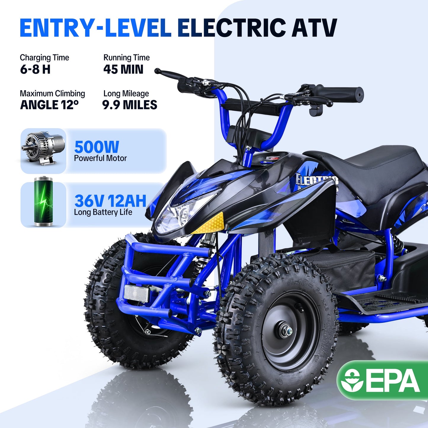 QEASET 500W Sport Ride – 15 mph Speed, 36V Battery, 45–60 Min Run Time, Blue