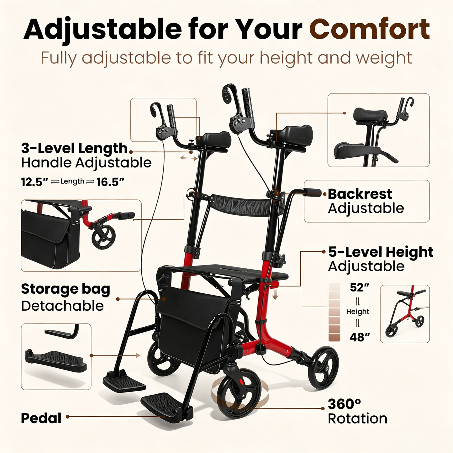 Arshin Foldable Rollator Walker with Seat for Seniors–450 lbs Heavy-Duty Support,Lightweight 19 lbs,10" All-Terrain Wheels for Indoor & Outdoor Use,Adjustable Handles,Compact Fold(Red)