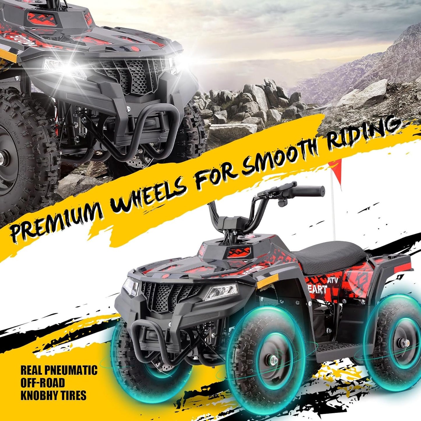36V Electric 500W Motor 4-Wheeler with Front & Rear Suspension, IVFJFV Electric 4-wheel Off-Road Tires & Safety Flag & LED Headlights,Power Ride on Car for Age 8-14