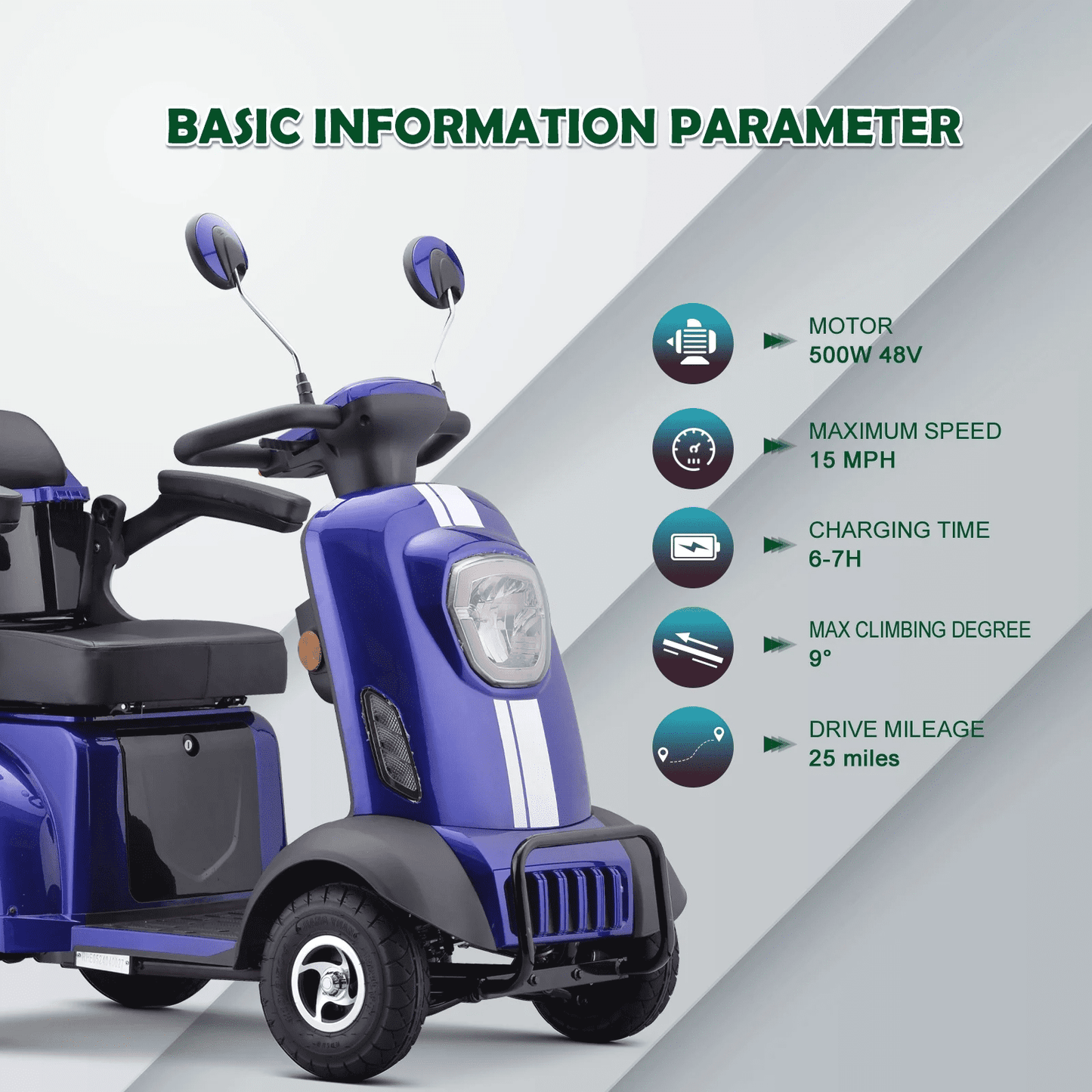 Large Electric 4-Wheel Mobility Scooter, (E05) Heavy Duty Wheelchair Device 500 LBS Capacity for Seniors & Adults, Assembled in US, Ship Fully Assembled and Ready to Ride (Blue)