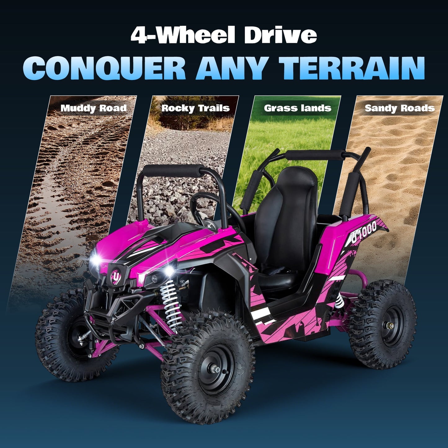 QEASET 48V UTV Electric Off-Road Vehicle for Adults, 3-Speed with Safety Lock, Shock Absorbers, Disc Brakes, Steel Frame & Adjustable Seat – All-Terrain Side-by-Side(Pink)