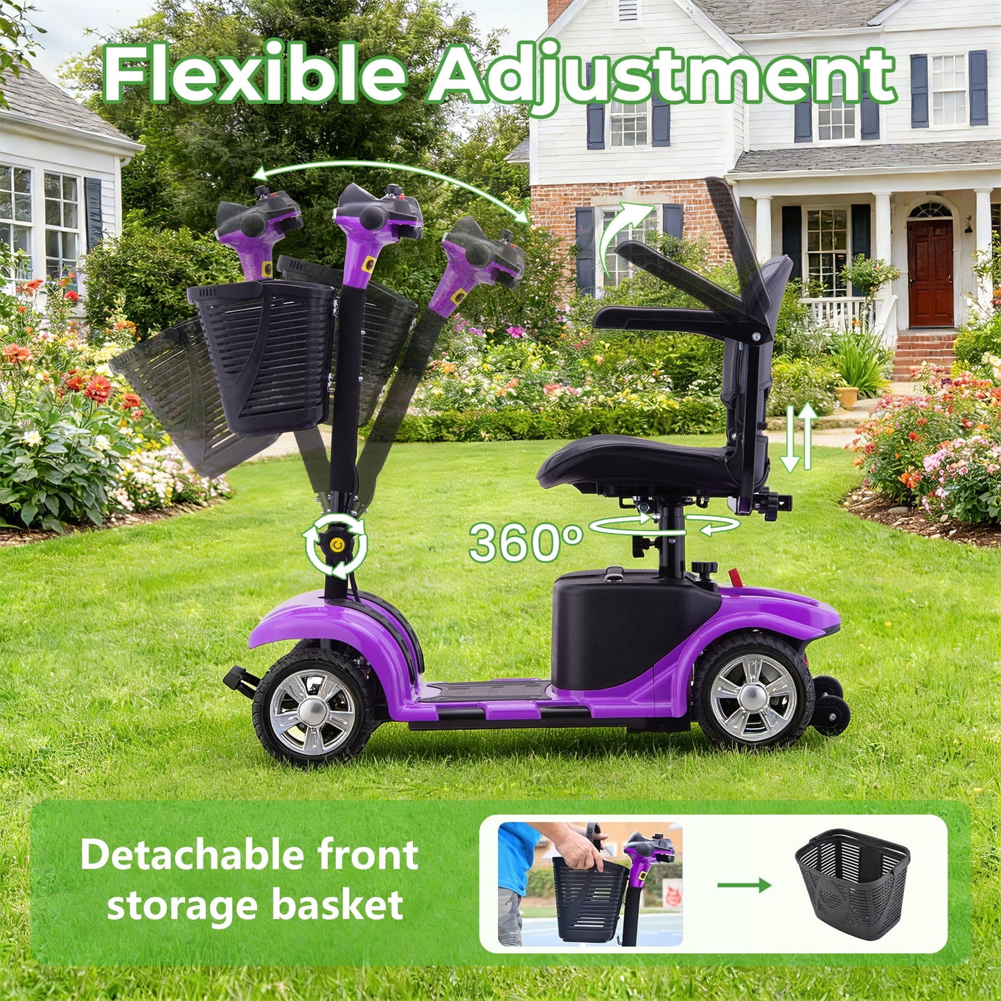 Arshin Upgrade 4 Wheels Mobility Scooter with Removable Battery,Compact Heavy Duty Mobile for Travel,Foldable Powered Wheelchair for Adult,300lbs,Purple