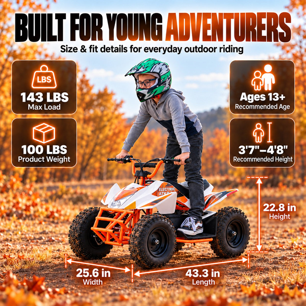 IVFJFV Powered 4 Wheeler,500W Electric 4 Wheeler with Dual Speed Adjustment,36V Four Wheeler Max 15 MPH, Front & Rear Shock Absorbers, All-Terrain Tires and Safety Disc Brake,ORANGE