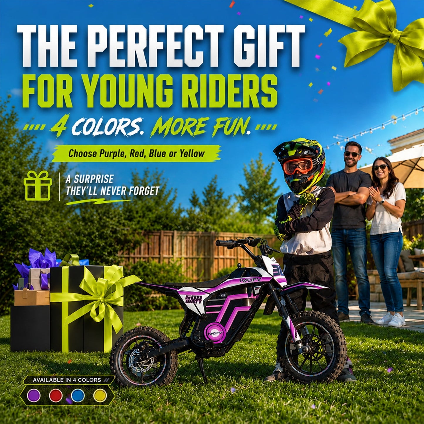 IVFJFV 500W Electric Dirt Bike for Kids,Up to 17.4MPH & 23.6 Miles,Two Speed Modes, Front & Rear Suspension,Mechanical Disc Brakes, 165 LBS,Beginner-Friendly Handle, All-Terrain,PURPLE
