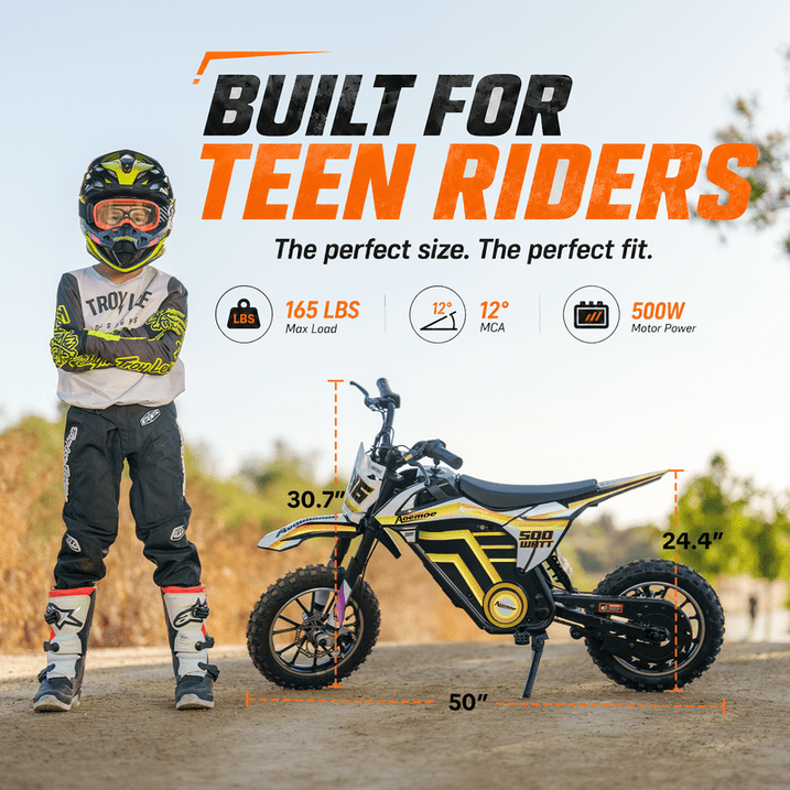 Aoemoe Electric Dirt Bike, 36V 500W Motorized Mini Bike, 17 MPH Top Speed, Front Suspension, Off-Road Tires, Yellow