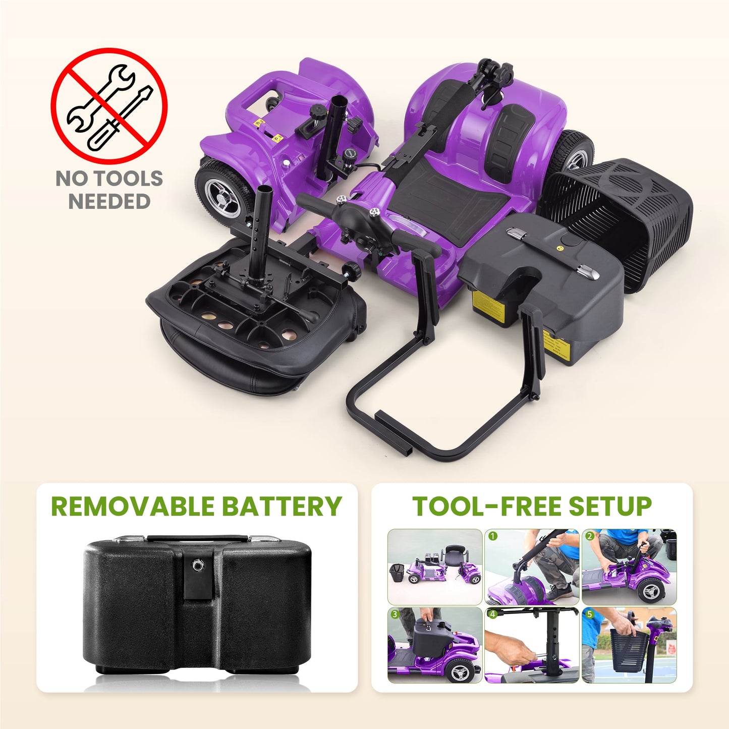 4 Wheels Mobility Scooter for Adults, Senior Electric Powered Chargeable Device for Travel, Lightweight and Portable, with LED Headlights and Basket, Charger Included (Purple)