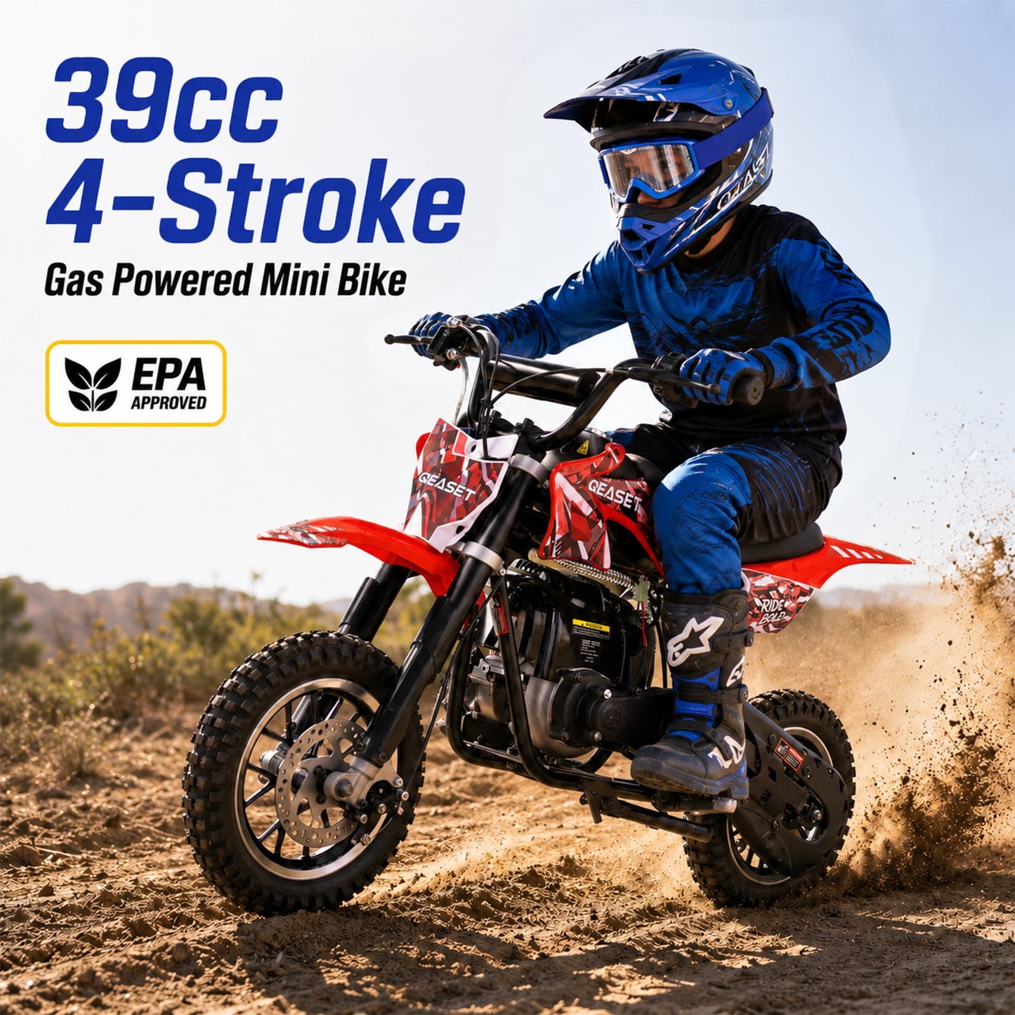 QEASET Mini Bicycles Ride-On Toy, 39cc 4-Stroke Gas Powered Off-Road Motorcycle with Rear Suspension & Disc Brakes, 18 MPH Top Speed, Supports Up to 165 lbs, Red