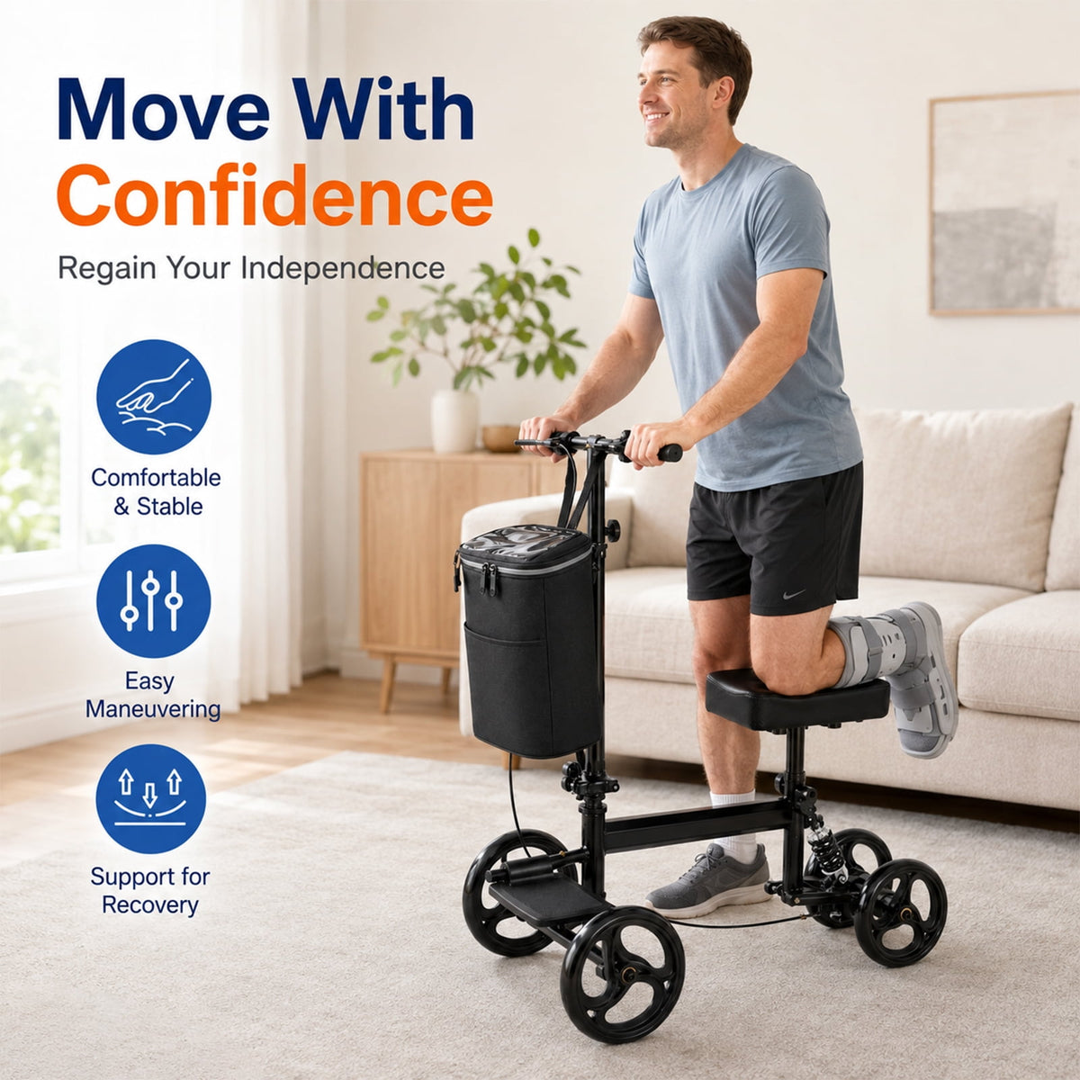 Ostrina Knee Scooter Steerable Knee Walker for Foot Injuries,Compact Crutch Alternative with Dual Braking System(Black)