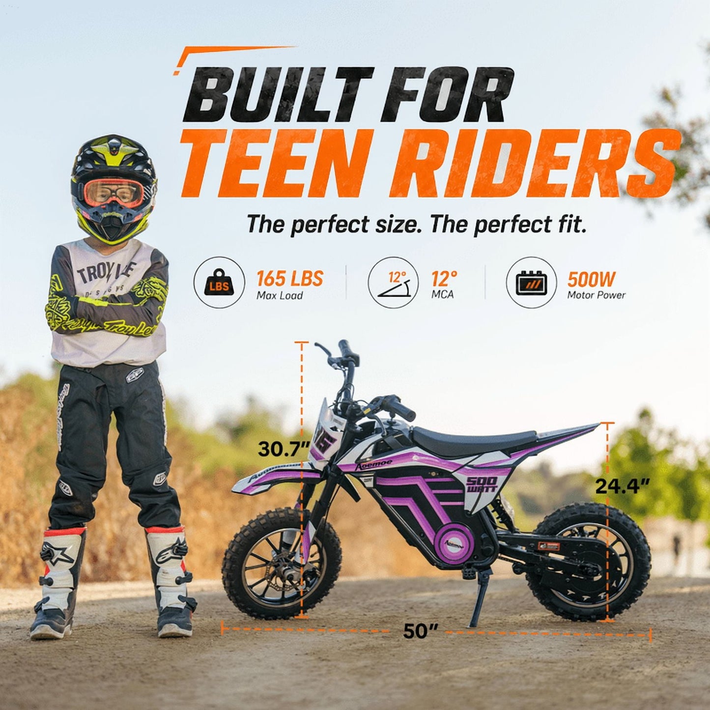 Aoemoe Electric Dirt Bike, 36V 500W Motorized Mini Bike, 17 MPH Top Speed, Front Suspension, Off-Road Tires, Purple