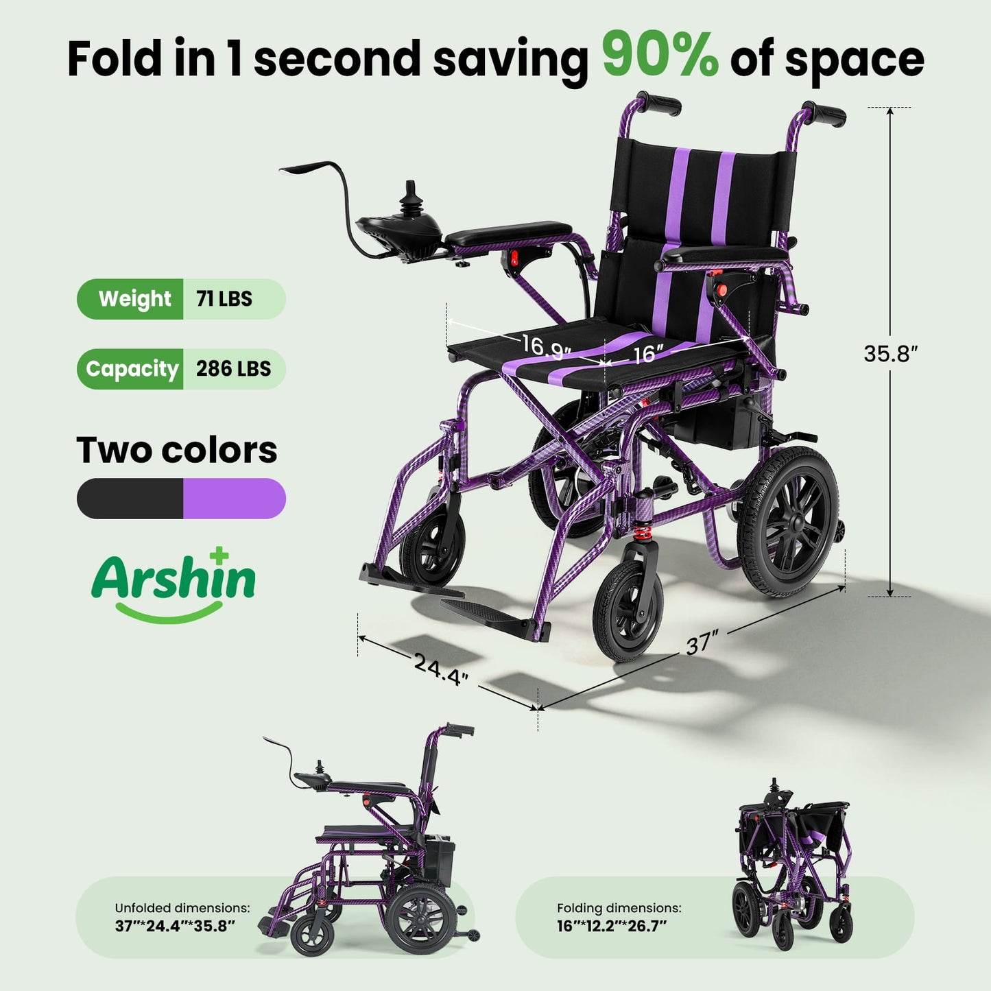 Arshin Electric Wheelchair Lightweight Foldable,20+ Miles Electric Wheelchairs for Adults,360°Joystick Motorized Wheelchair,286+ lbs Capacity,Purple