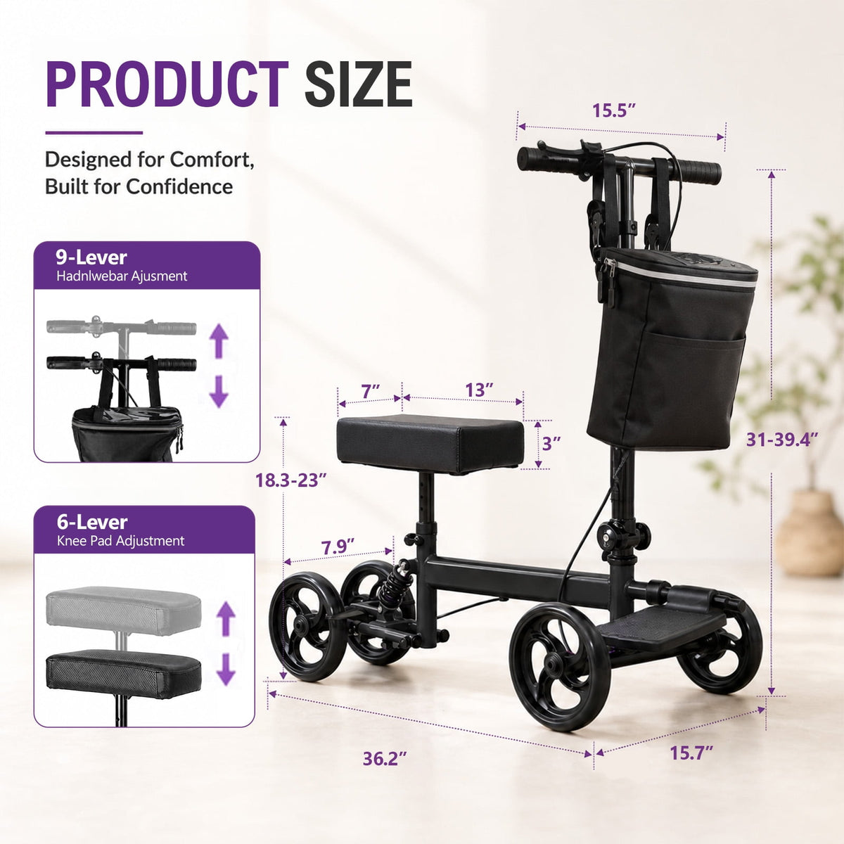 QEASET Foldable Knee Walker, All-Day Comfort Steerable Knee Scooter for Broken Foot, Ankle Surgery Recovery, Adjustable Knee Rover with Hand Brake & Shopping Bag, Supports up to 287 lbs, Black