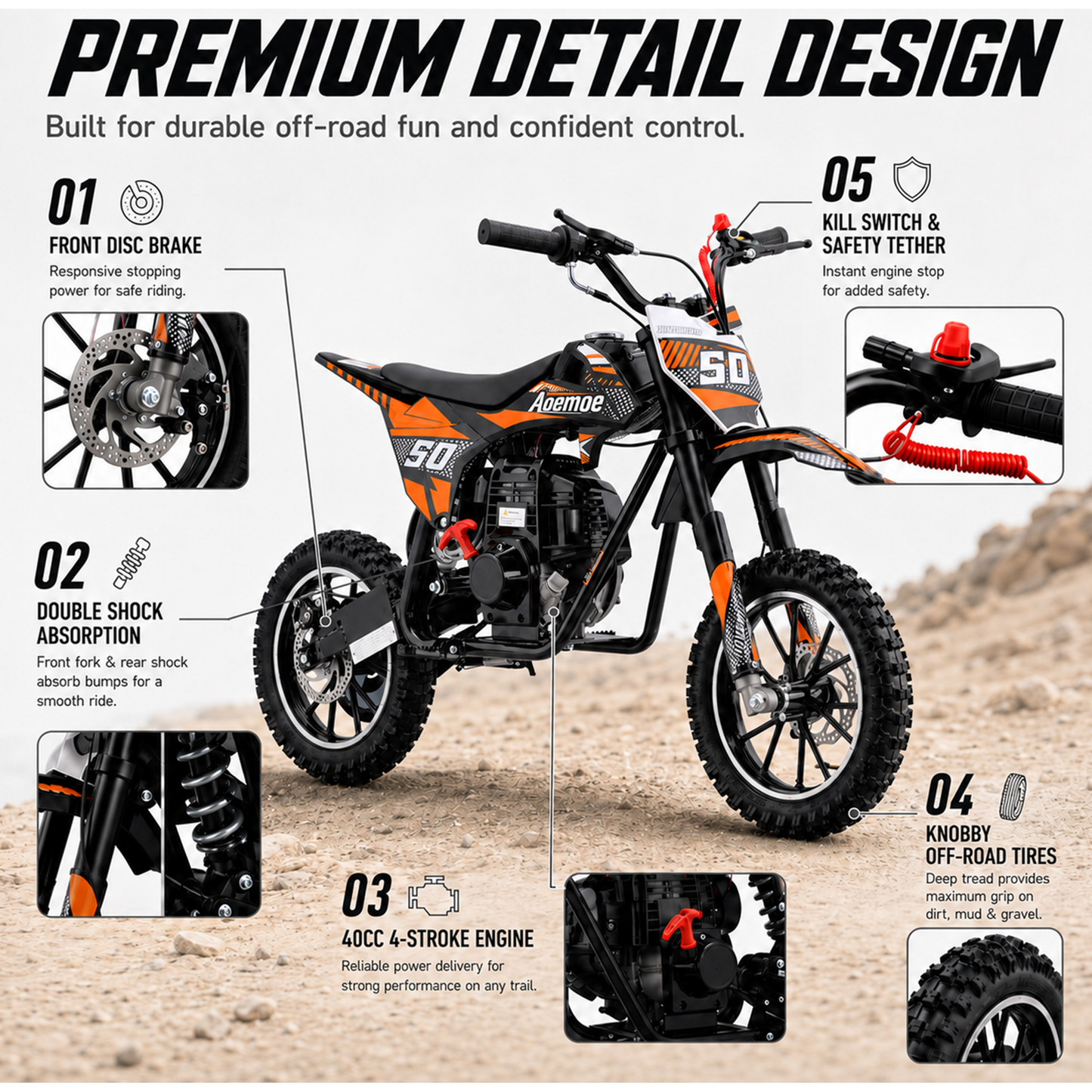Aoemoe 39cc motor bike, 20mph gas dirt bikes for boys 8 12, Disc Brakes, Max Load 165Lbs, kids dirt bike, Orange