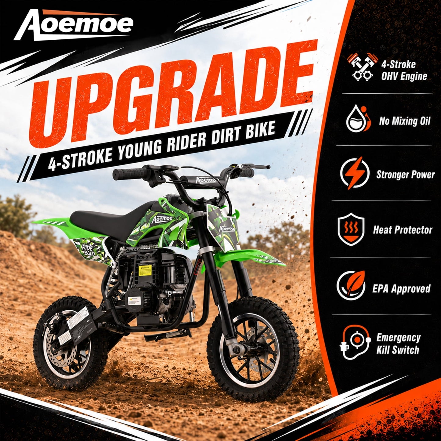 Aoemoe 49cc Kids Dirt Bike, Gasoline Powered 2-Stroke Mini Motorcycle, 1-Seater, Green