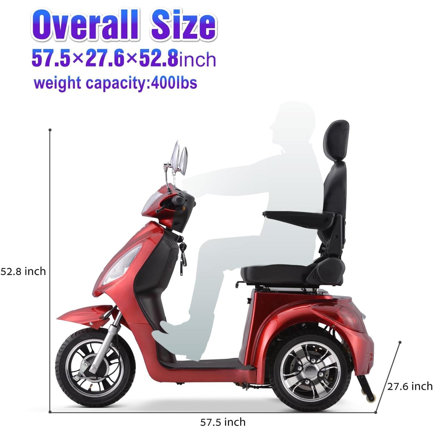 Aoemoe Super Large Electric 3 Wheel Mobility Scooters, Heavy Duty 800W Wheelchair Device, 500 LBS Capacity for Seniors & Adults, Speed Adjust, Remote Key, Receive Ready to Ride.（Red）