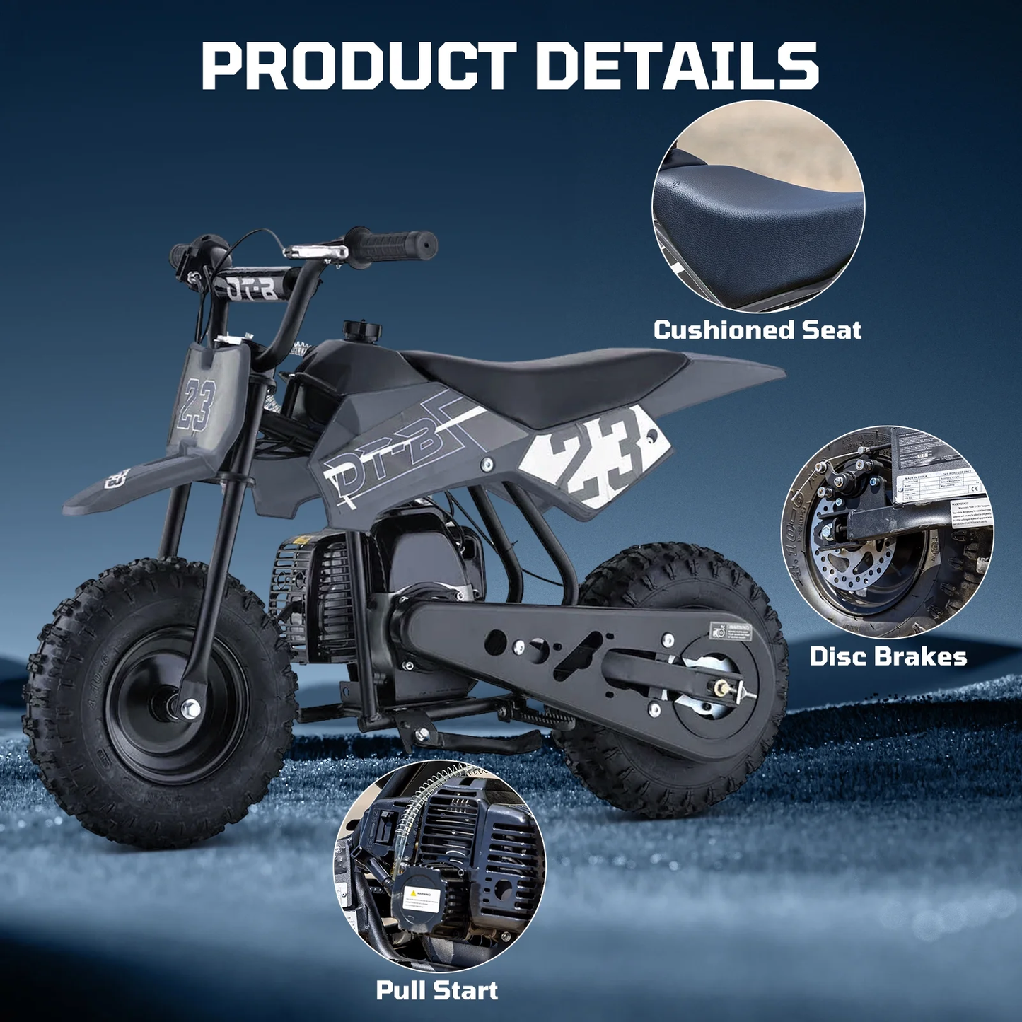 Aoemoe Mini Kid Dirt Bike, 49 CC 2-Stroke Gas Bike with Off-Rode Tire, Suspensions, Disc Brakes, Max Load 160Lbs, Up to 20Mph, EPA Approved