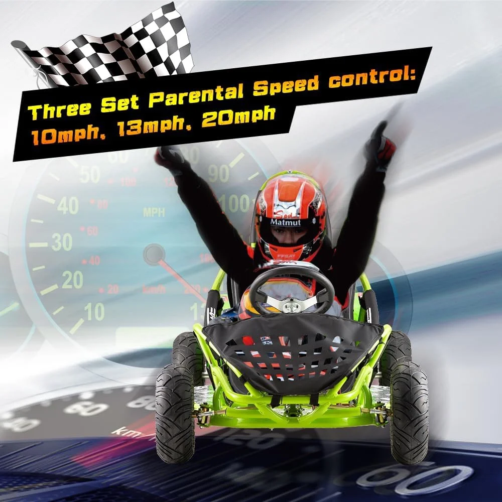 QEASET Electric Go Kart, 48V Powered Ride On Car with Steel Tubular Frame, Seat Belt, 13 inch All-Terrain Tires for Teens(GREEN)