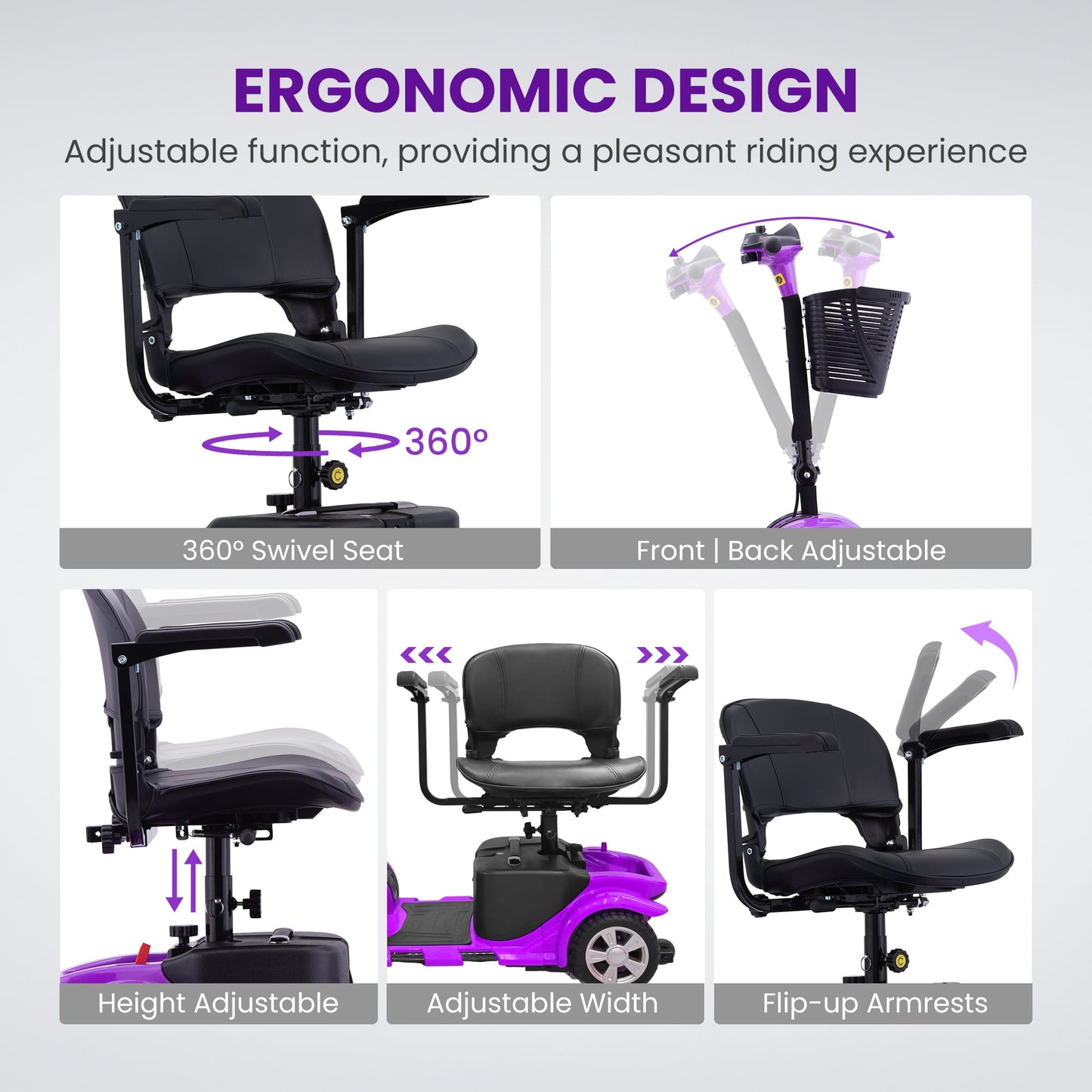 Arshin Improve 4 Wheel Mobility Scooter for Seniors,Foldable Powered Mobile Wheelchair for Adult 300lbs,Purple
