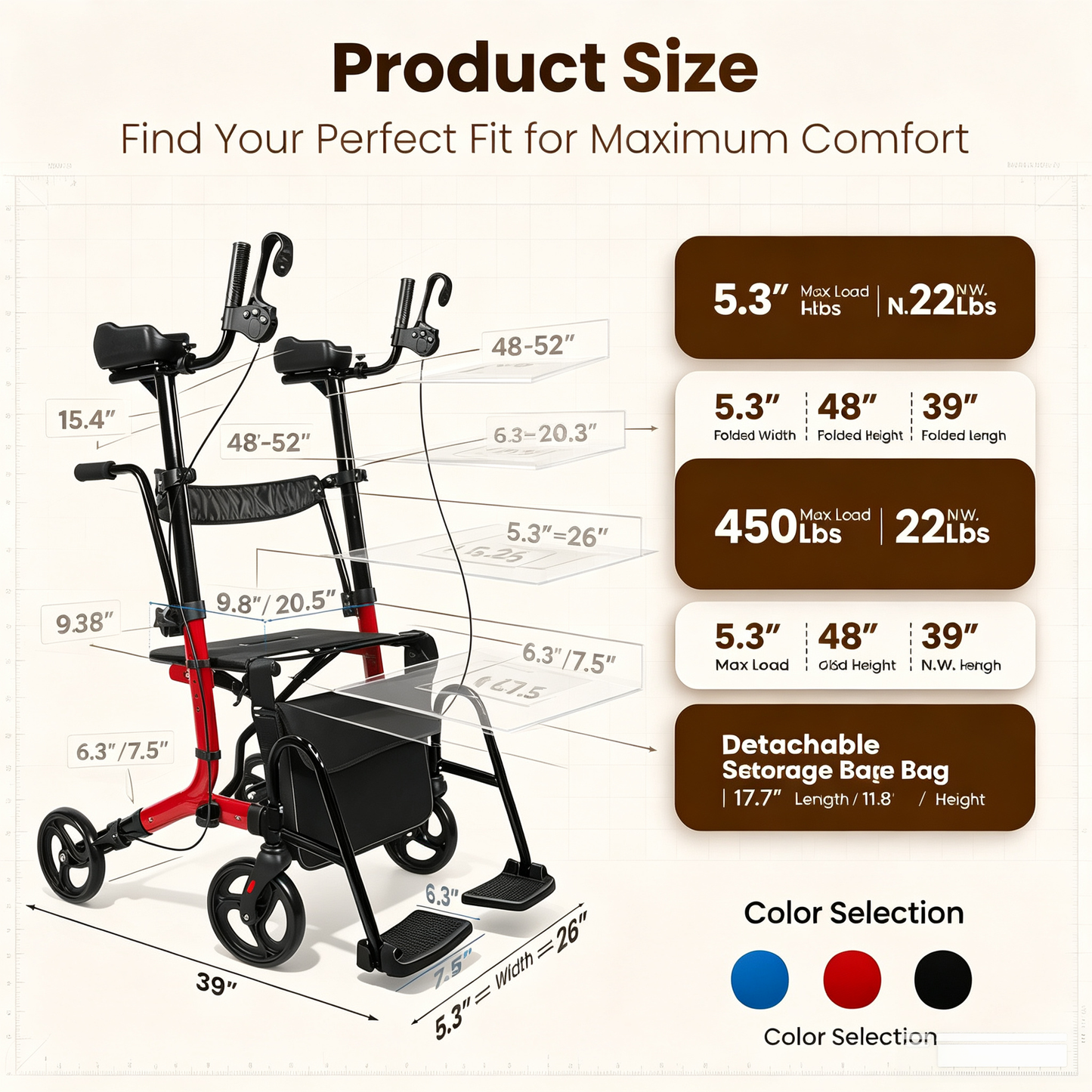 Arshin Foldable Rollator Walker with Seat for Seniors–450 lbs Heavy-Duty Support,Lightweight 19 lbs,10" All-Terrain Wheels for Indoor & Outdoor Use,Adjustable Handles,Compact Fold(Red)