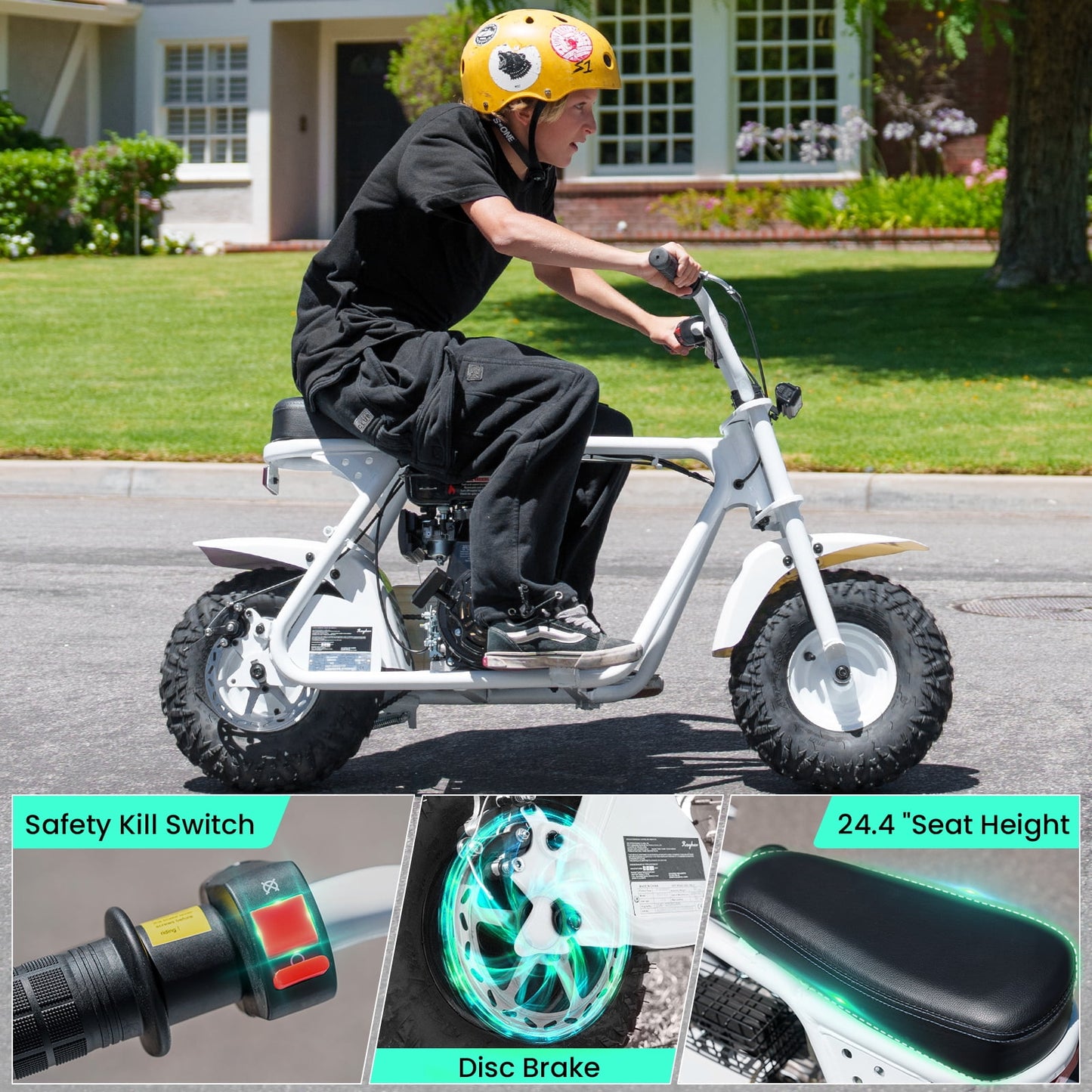 QEASET 99cc Mini Bike Gas Powered, 4-Stroke with LED Headlight, White