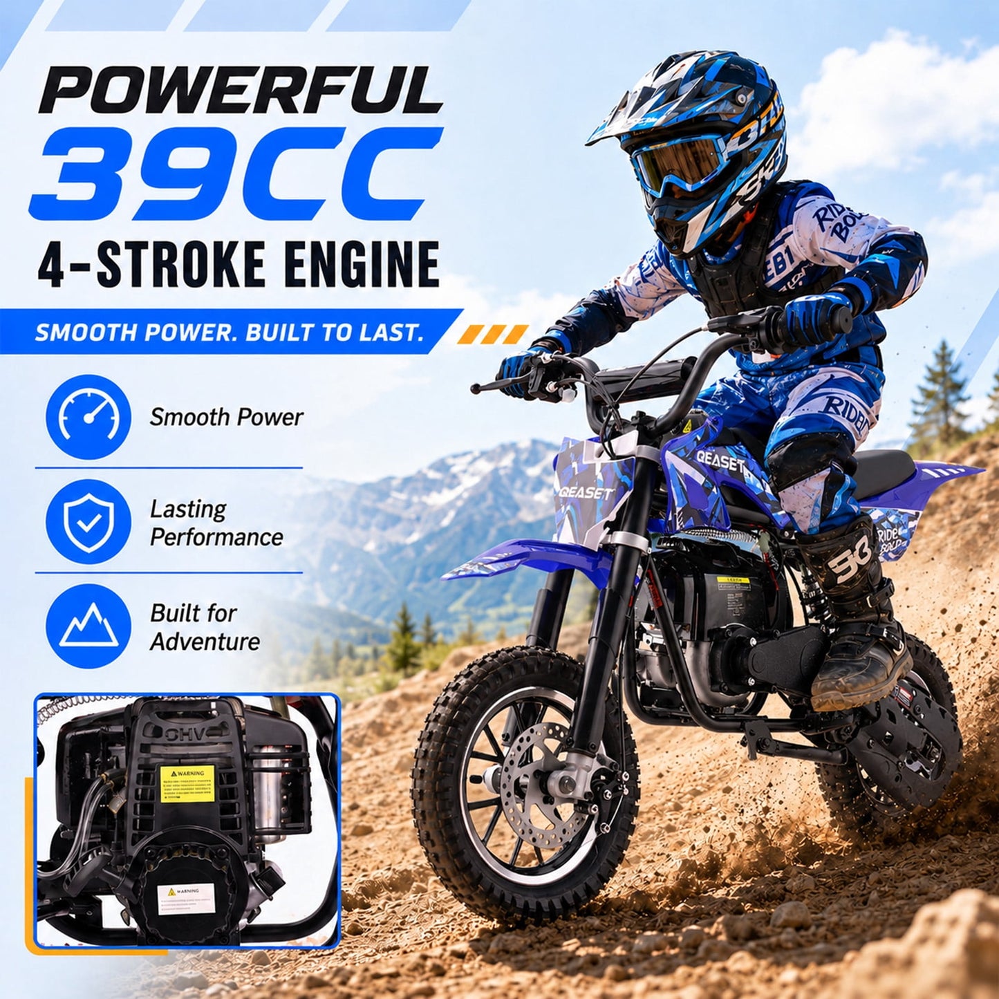 QEASET 39CC Dirt Bike, Mini Bike 4-Stroke Gas Powered off Road with Max Speed 20MPH, Pull Start
